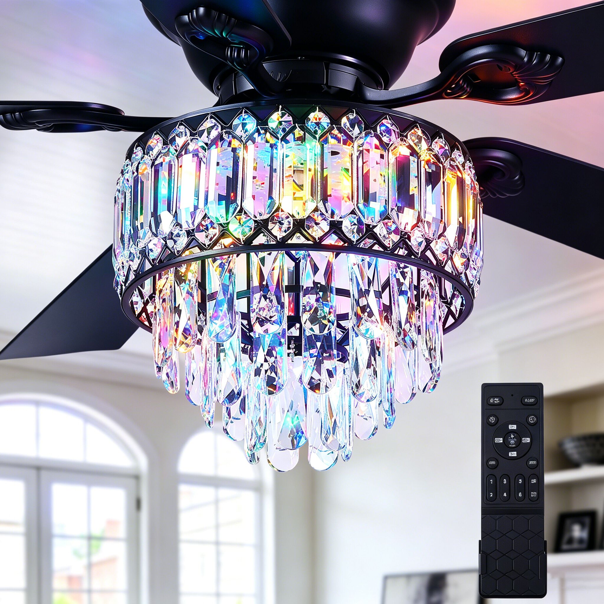 Gleam Flare 52 Inch Flush Mount Crystal Chandelier Ceiling Fan with RGB Light and Remote Reversible Motor Indoor Outdoor Fans for Living Room Dining Room
