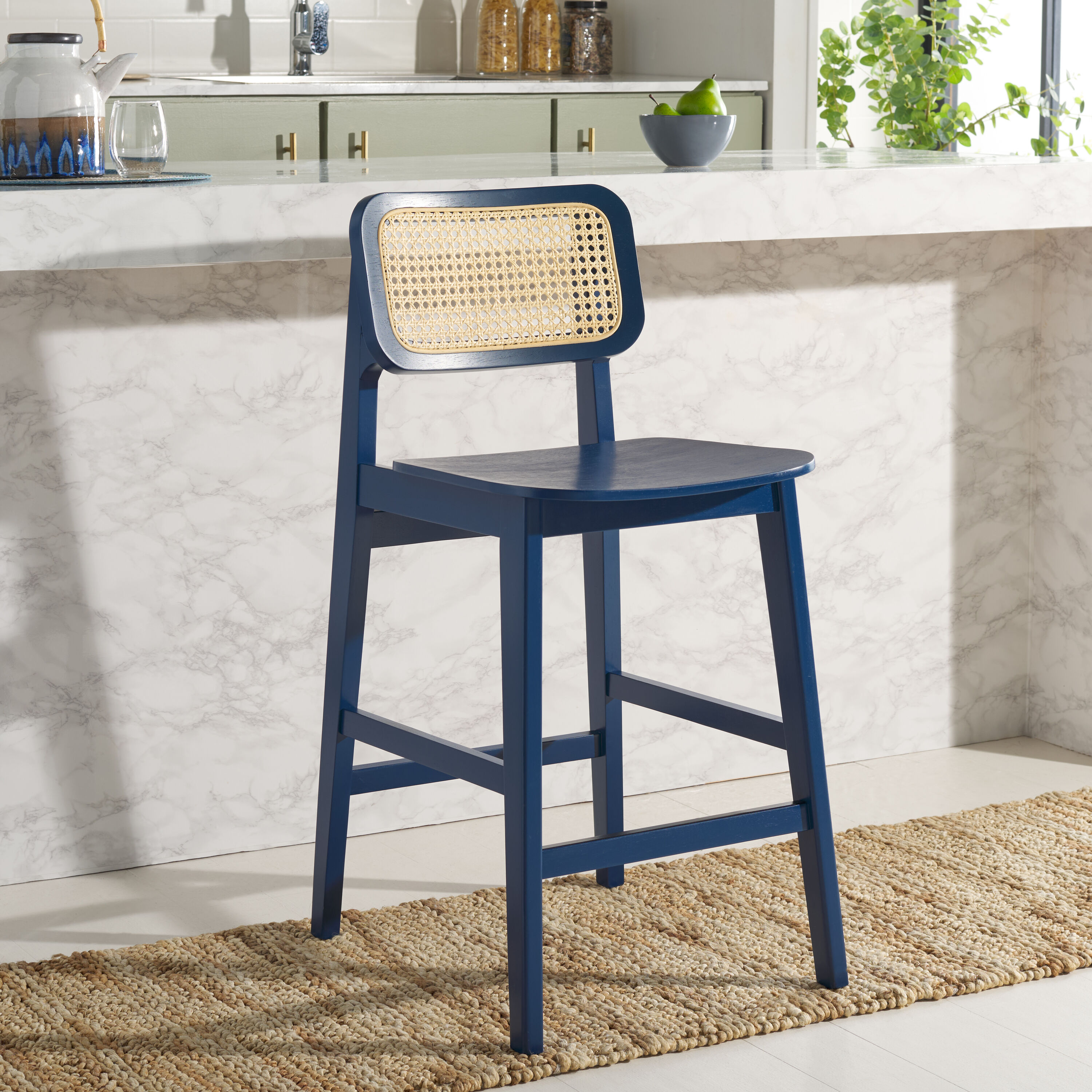 Safavieh BST1509D Navy/Natural 25-in H Extra tall (34-in and up) Saddle Seat Wood Back Bar Stool Back