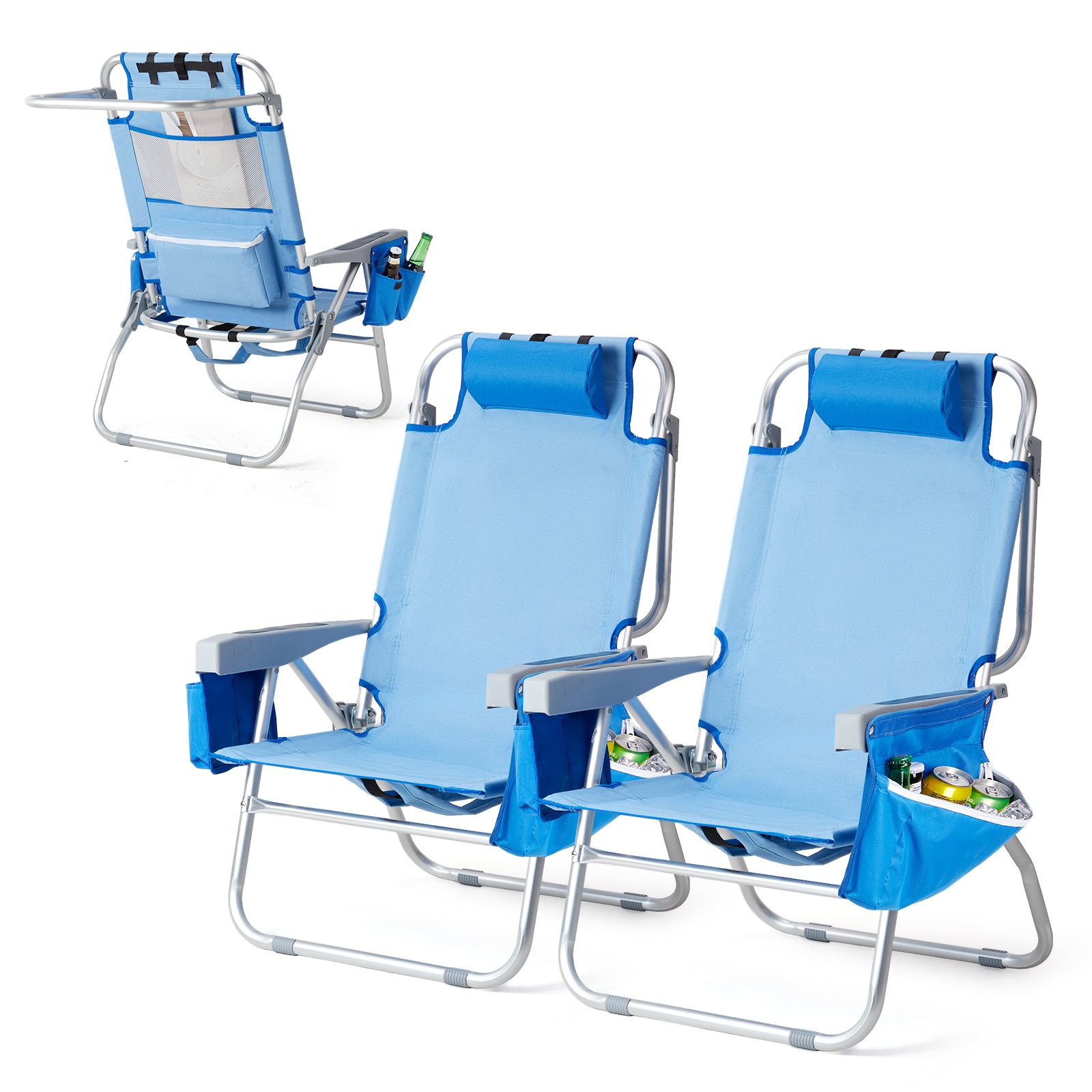 VINGLI 2-Pcs 13-in Backpack Beach Chair with 5-Position Cup Holders Cooler Bag Towel Bar Blue #LS-G58000438