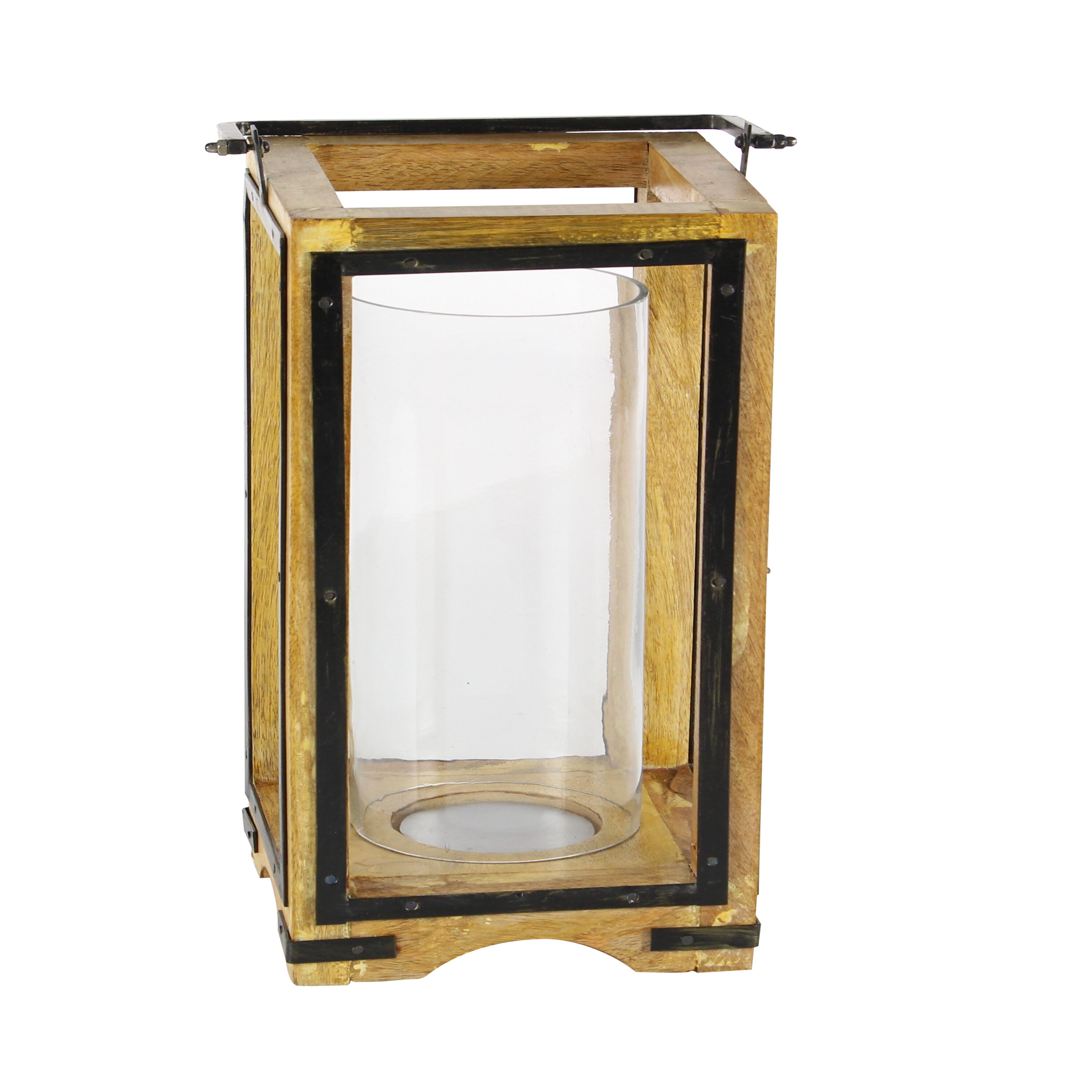 Elegant Wood and Glass Hurricane Candle Lantern, 26" Brown