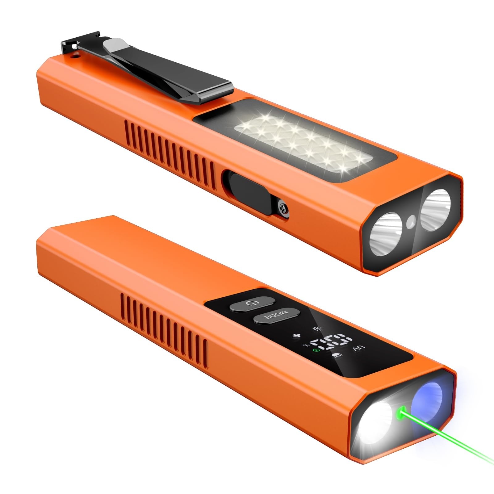 Lukvuzo 1 Piece 4 in 1 Slim Magnetic Flat Flashlight 1300 Lumen White Green UV Red Light Combo with Side Warning Light IPX4 Orange #LLU0423O54
