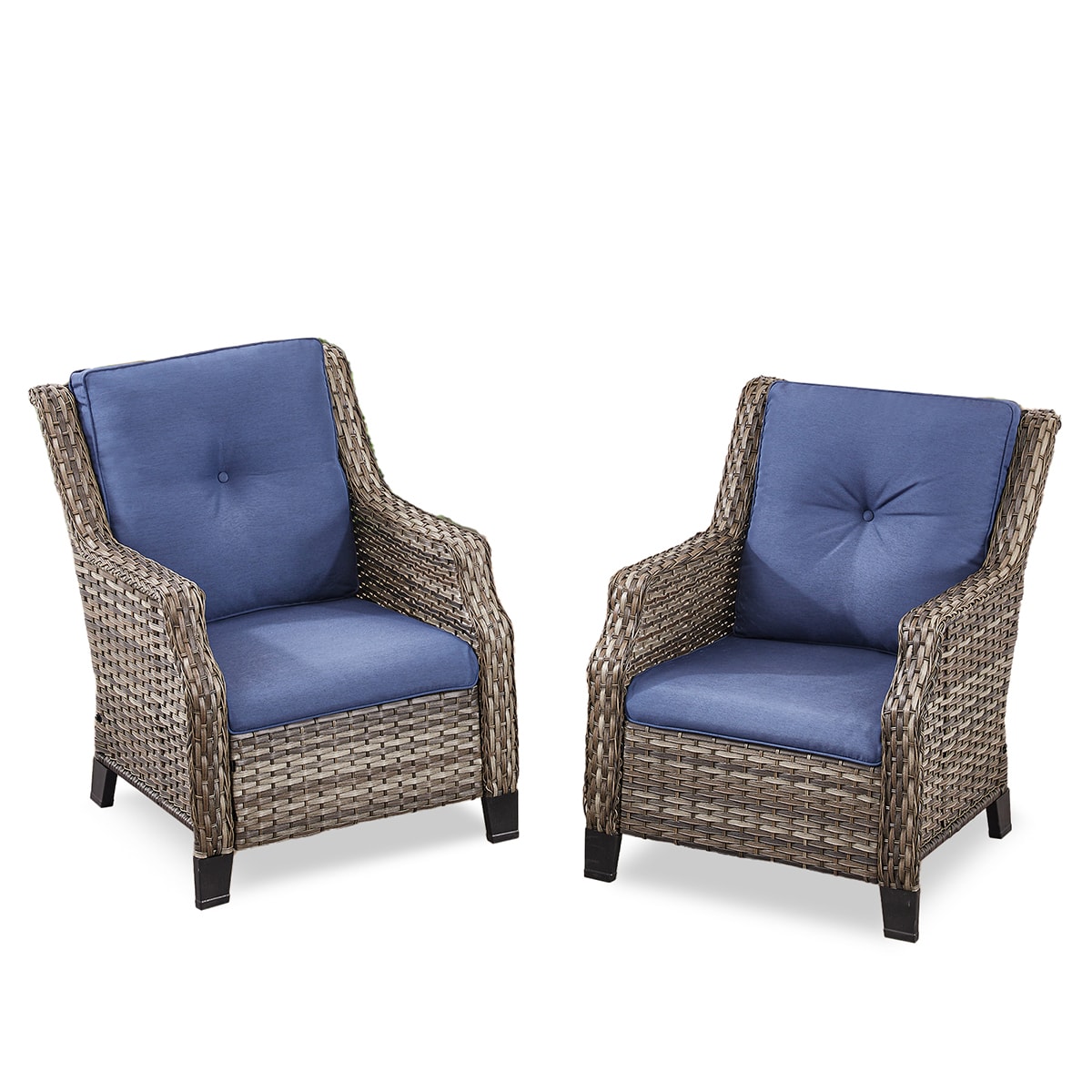 Rilyson FSCGY11-1 NEW CARO Set of 2 Wicker Gray Wicker Frame Stationary Conversation Chair with Gray Blue Cushioned Seat