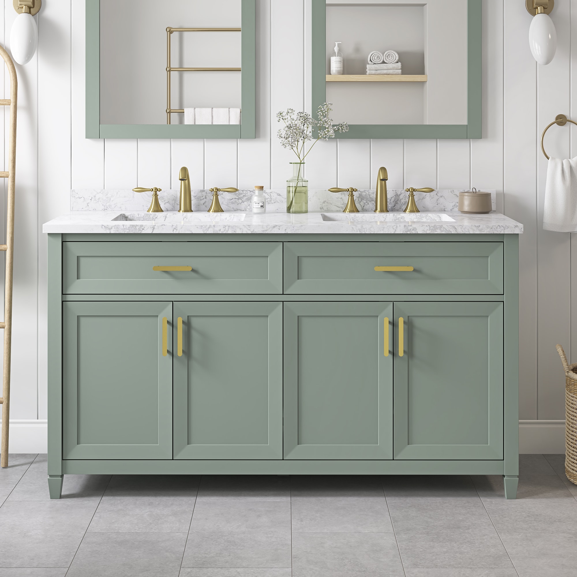 Lancashire 60-in Sage Green Undermount Double Sink Bathroom Vanity with White Engineered Marble Top | - allen + roth LANCASHIRE 60SG