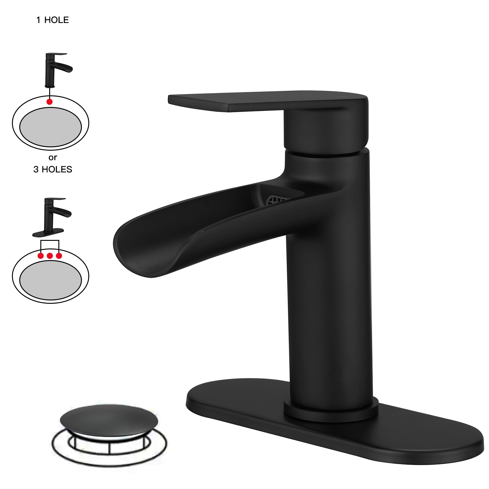 BWE A-96085-B-3 Matte Black Single hole 1-handle WaterSense Waterfall Commercial/Residential Handle Bathroom Sink Faucet with Drain with Deck Plate