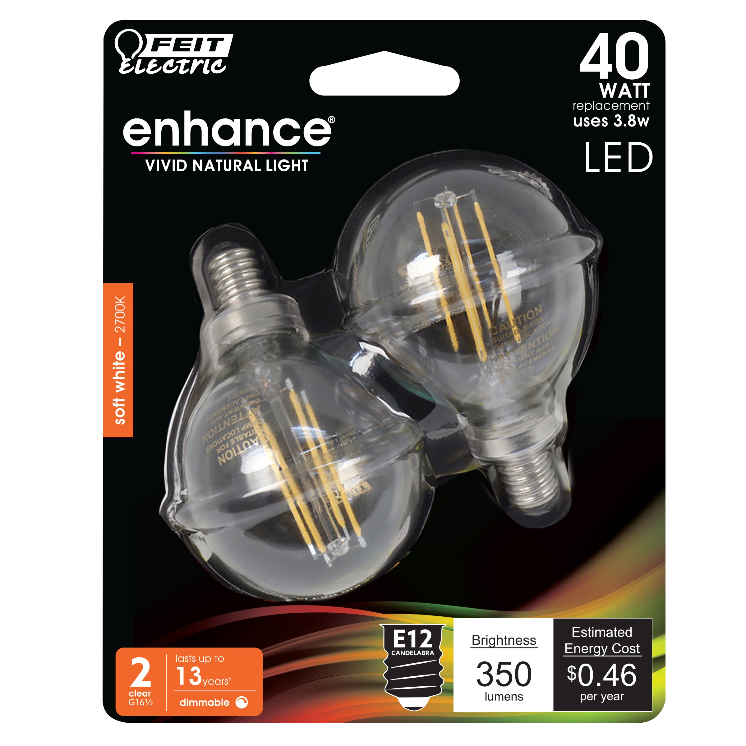 Feit Electric BPG1640927CAFIL/2/RP LED Filament 40 -Watt EQ G16.5 Soft white Candelabra base (E-12) Dimmable LED Decorative Light Bulb 2 -Pack