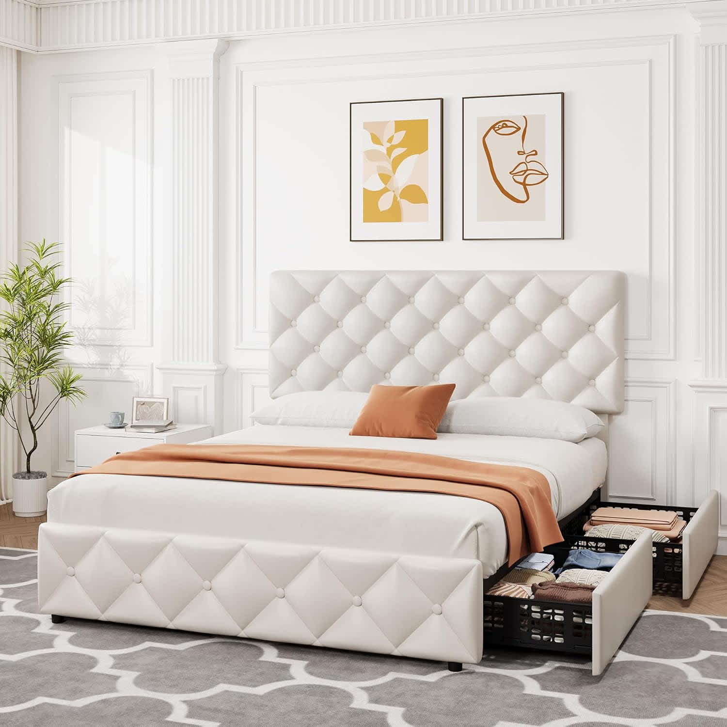 Qeetex LHF-BED-PHO-0ZIE3Q7R Queen Size Bed Frame with 4 Storage Drawers and Adjustable Headboard Faux Leather Upholstered Platform Bed Frame Diamond Stitched Button Tufted No Box Spring Needed White