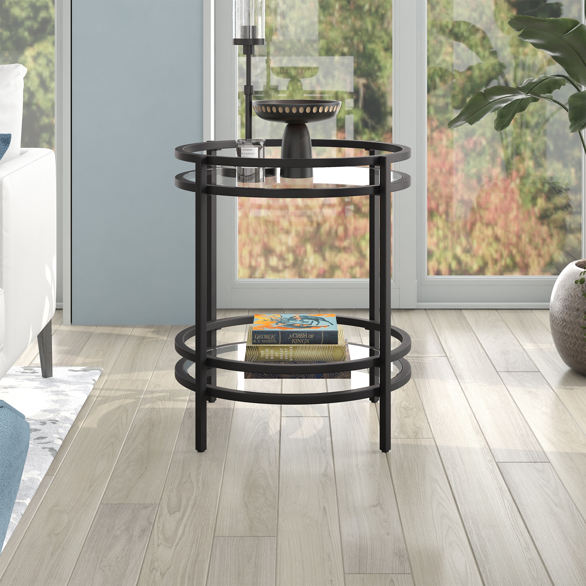 Modern Blackened Bronze 20" Round Metal & Glass Side Table
