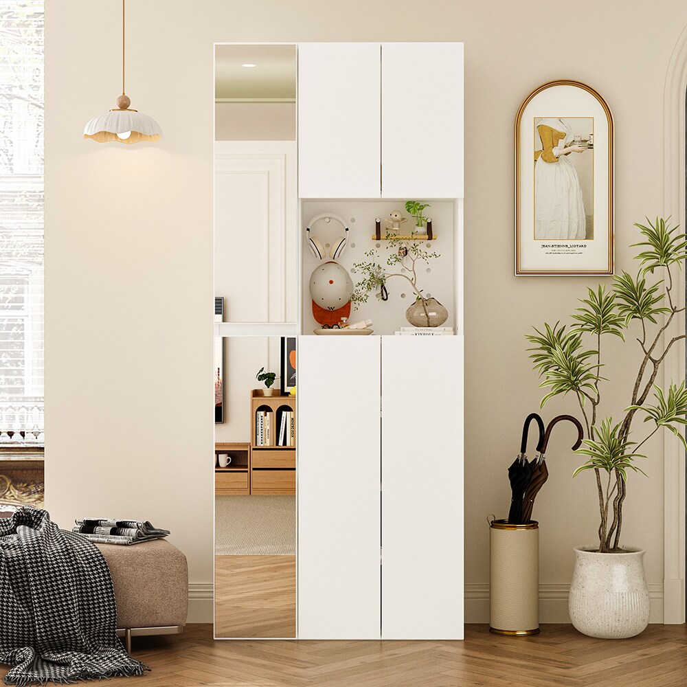 Homsee V-KF520032-01 Modern White Shoe Cabinet with Full-Length Mirror Door and Adjustable Shelving for Organized Entryway Storage