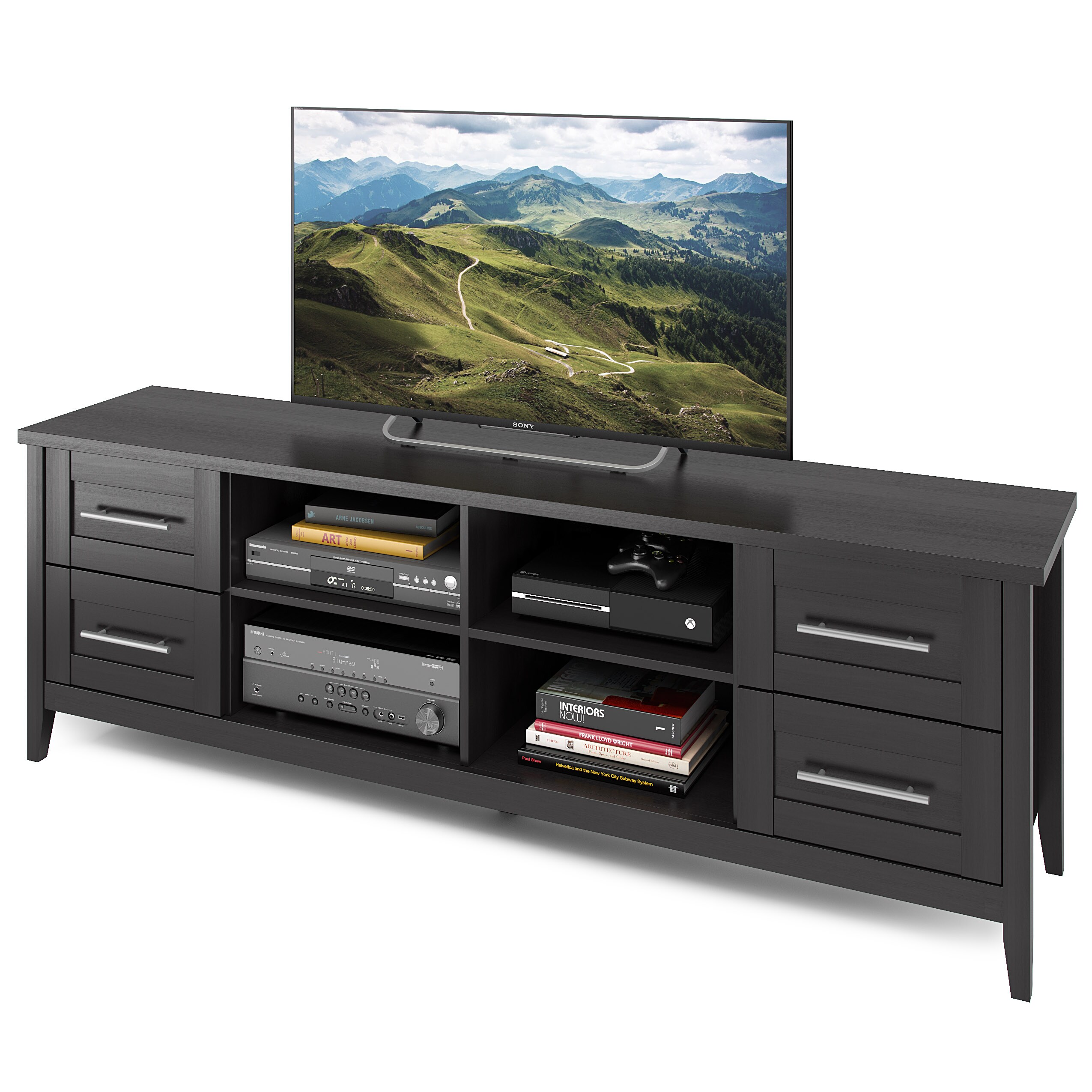 Elegant Black Wood Grain Extra-Wide TV Stand with Nickel Handles