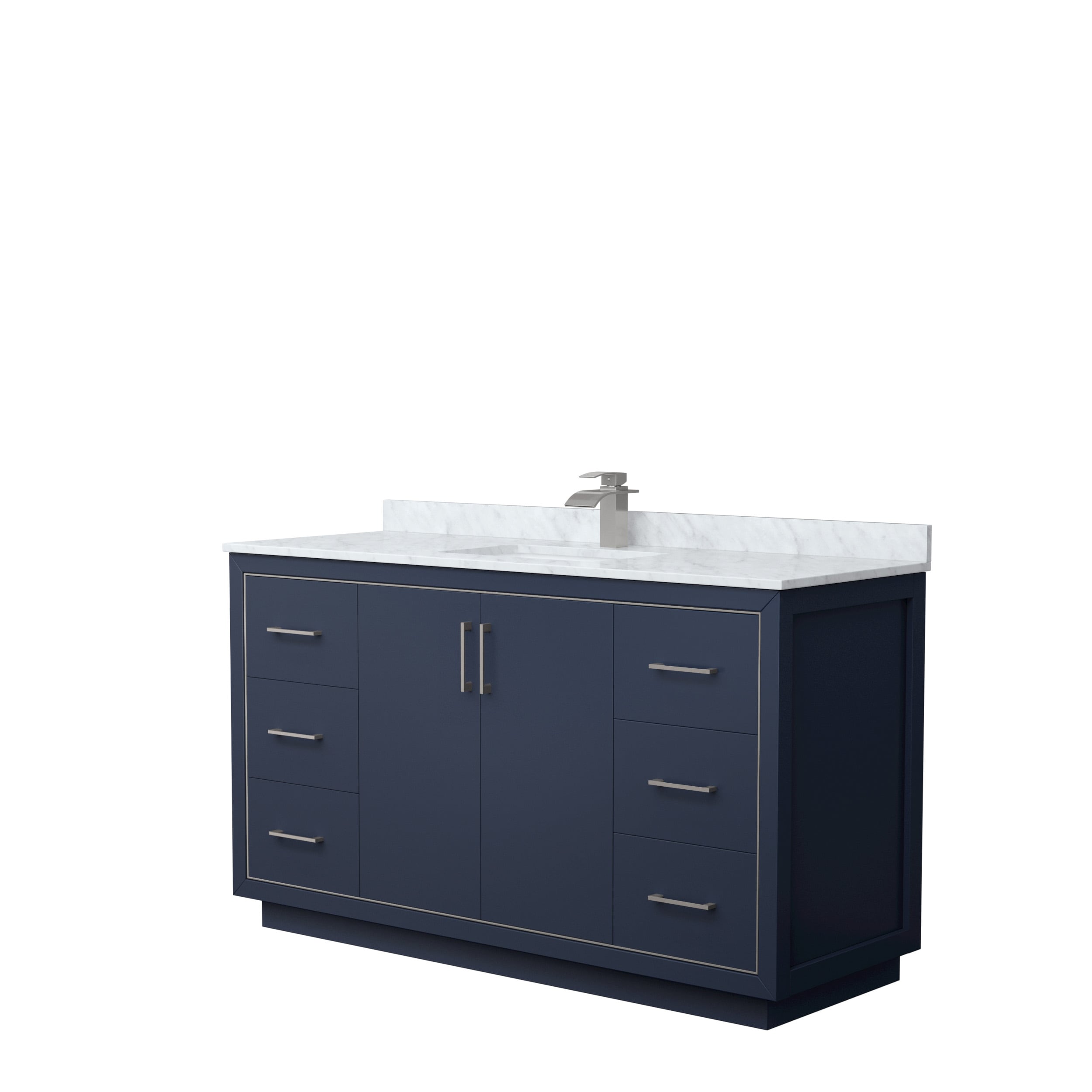 Wyndham Collection WCF111160SBNCMUNSMXX Icon 60-in Dark Blue with Brushed Nickel Trim Undermount Single Sink Bathroom Vanity with White Carrara Marble Natural Marble Top