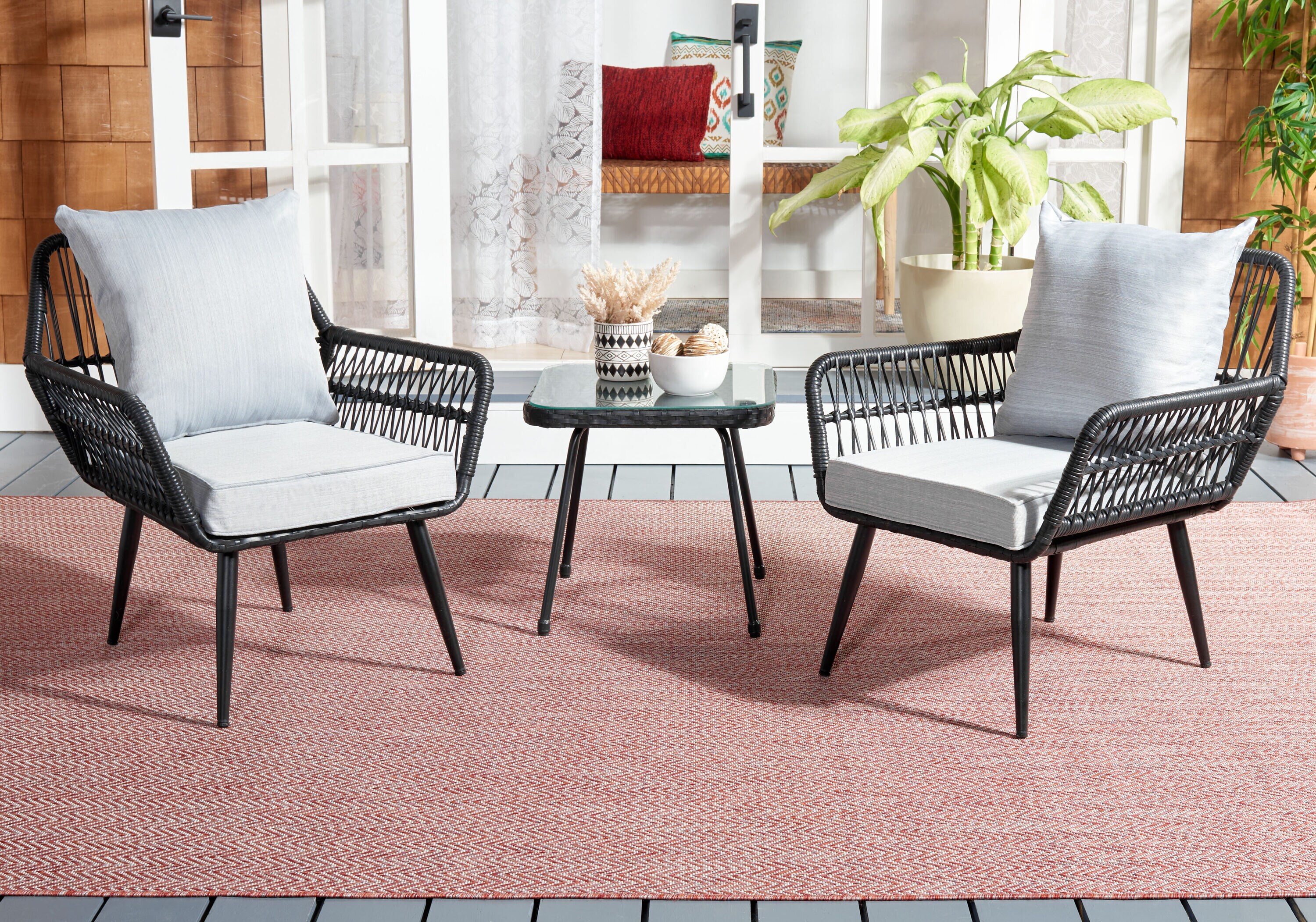 Safavieh PAT9031A Patio 3 -Piece Wicker Patio Conversation Set with Gray Cushions