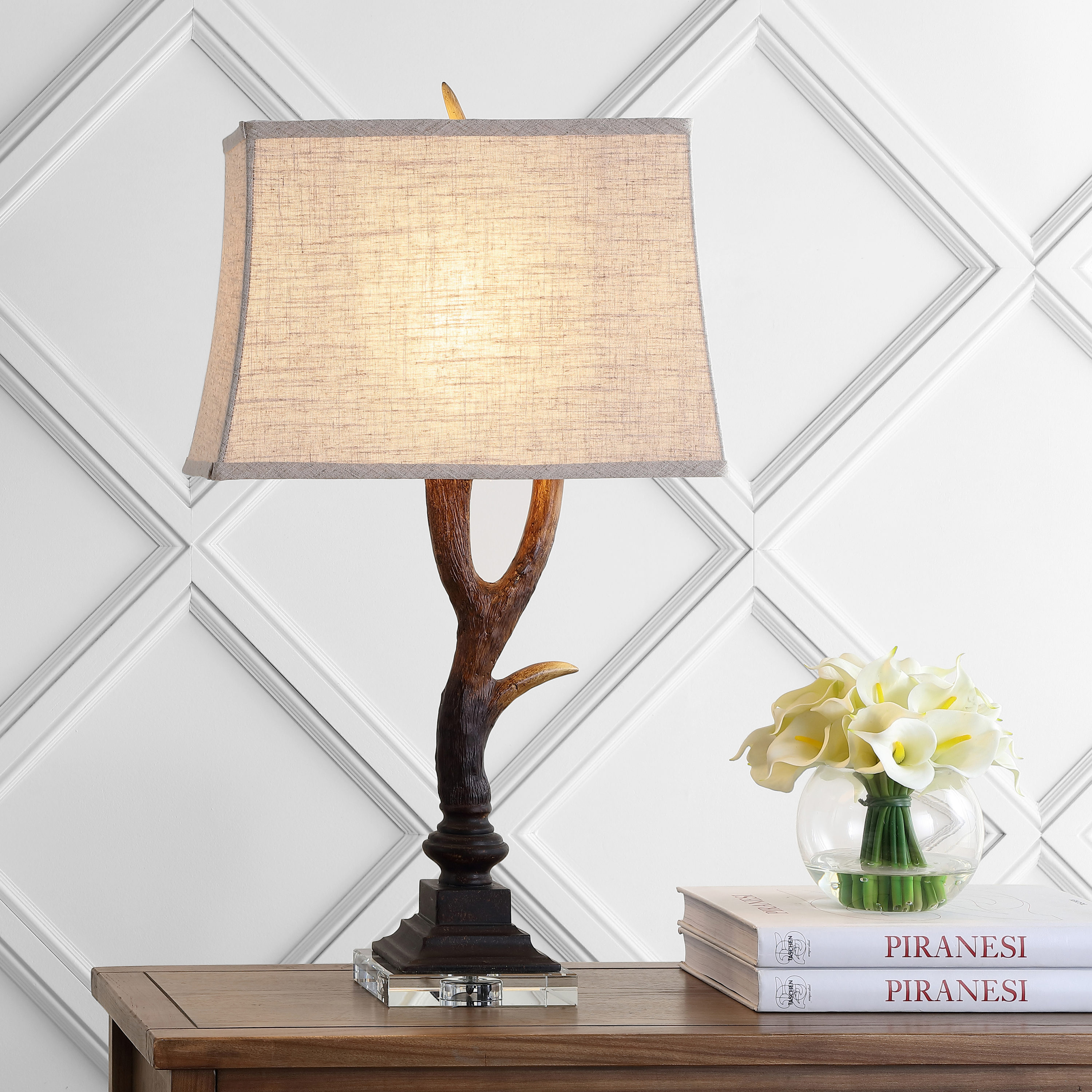 Rustic Brown Resin Antler Table Lamp with Linen Shade