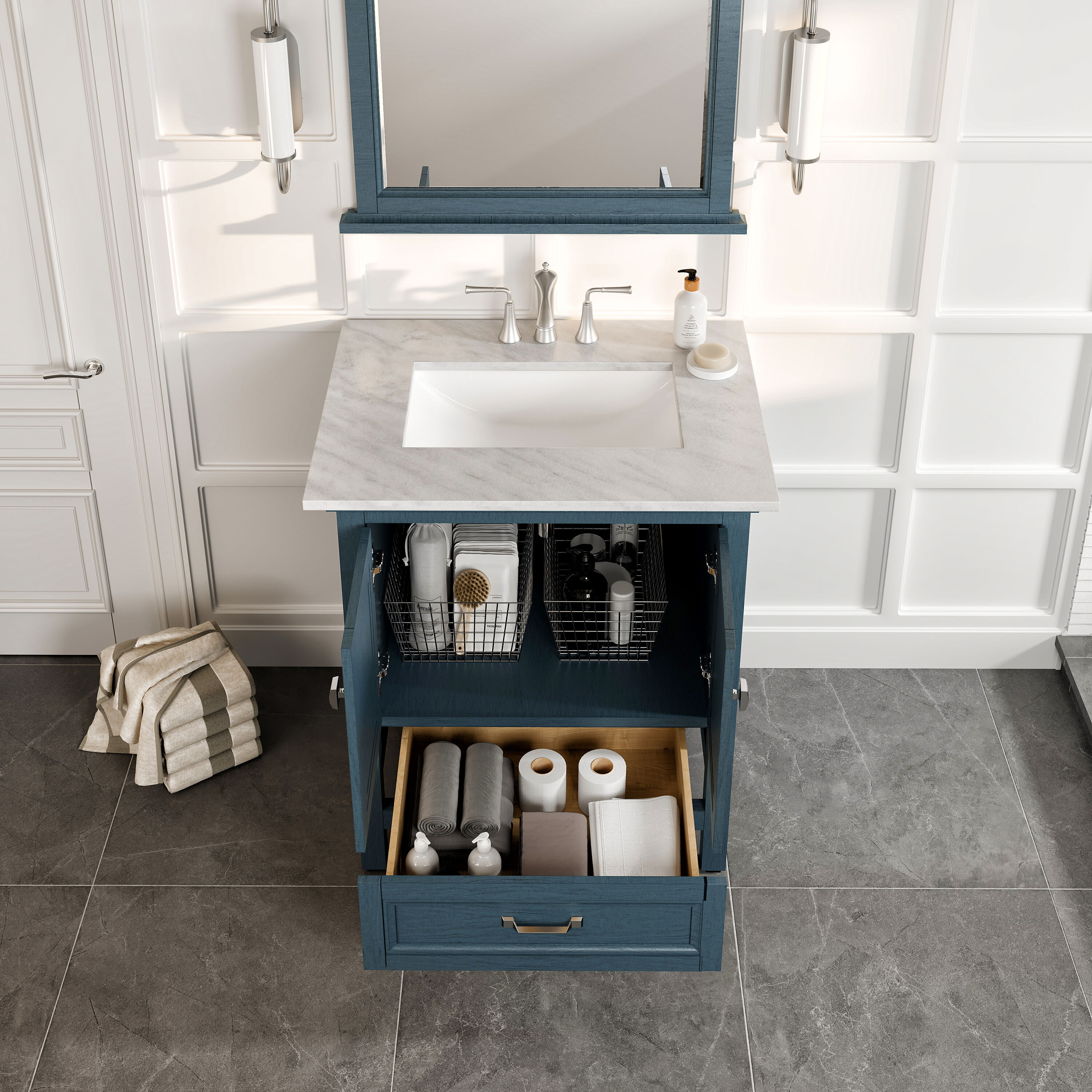 Britney 30" Ash Blue Bathroom Vanity with White Marble Top