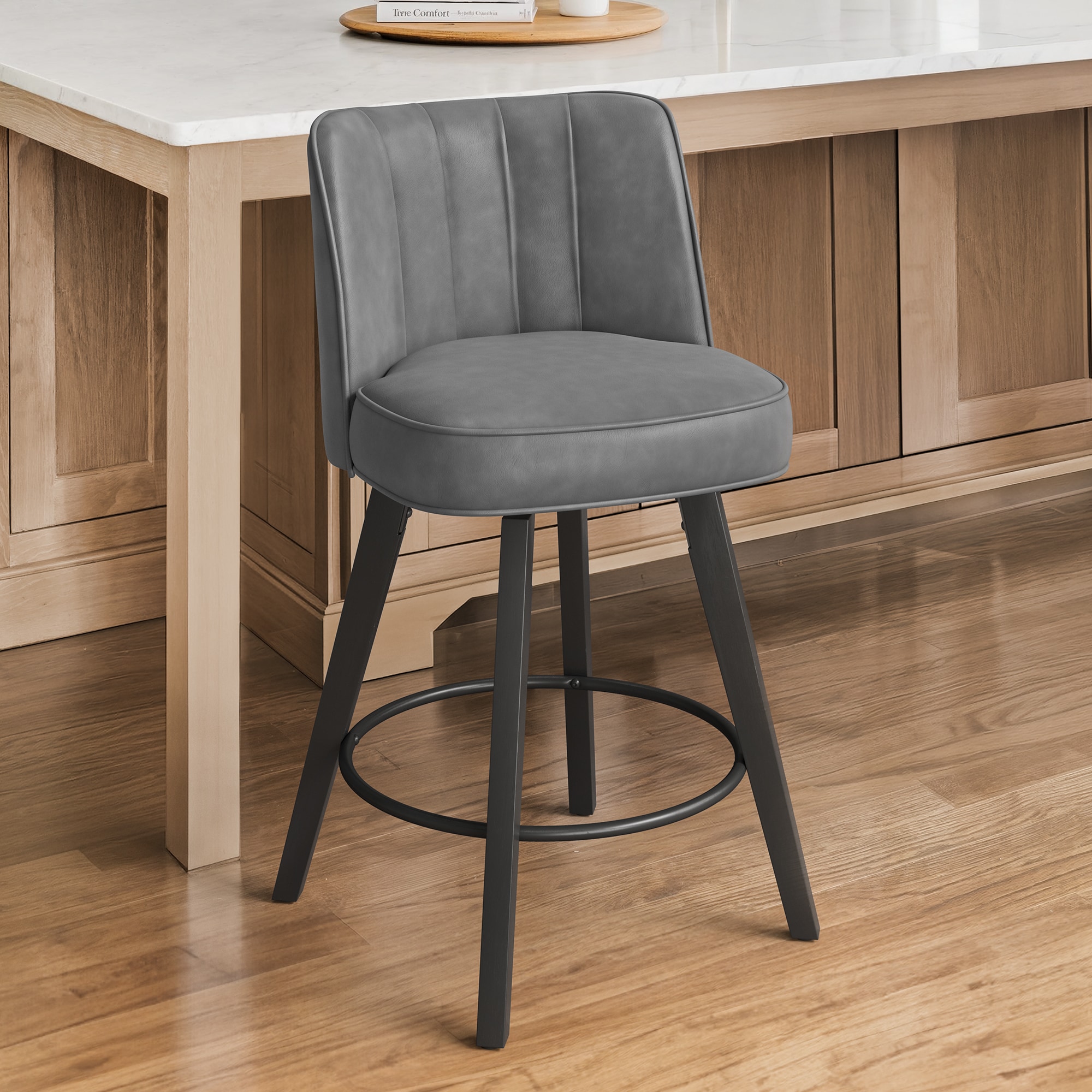 LUE BONA - Dark Gray/Faux leather 26.2-in H Counter height Upholstered Swivel Wood Bar Stool