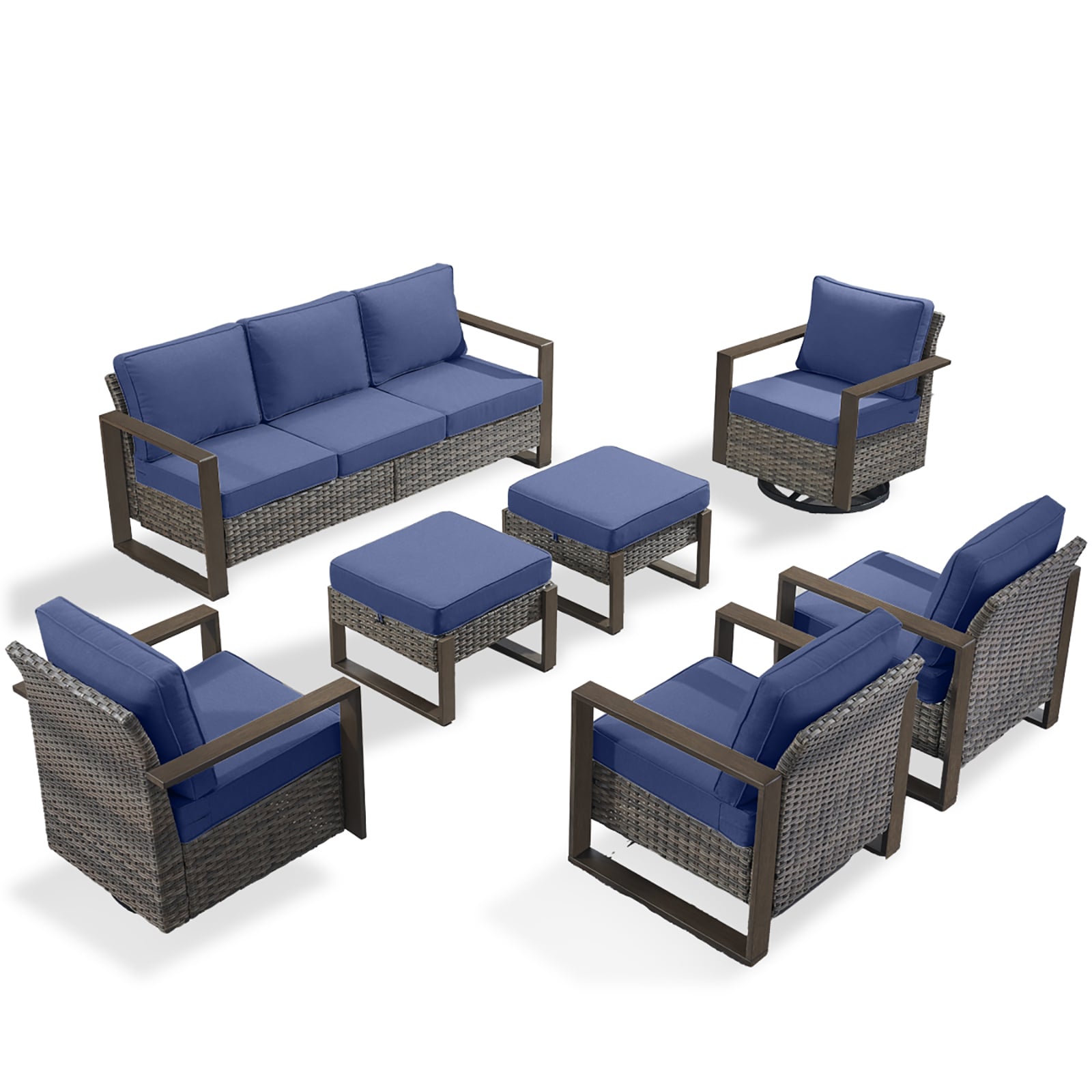 7-Piece Wicker Patio Conversation Set with Gray Cushions | - Rilyson FS127129131137-1