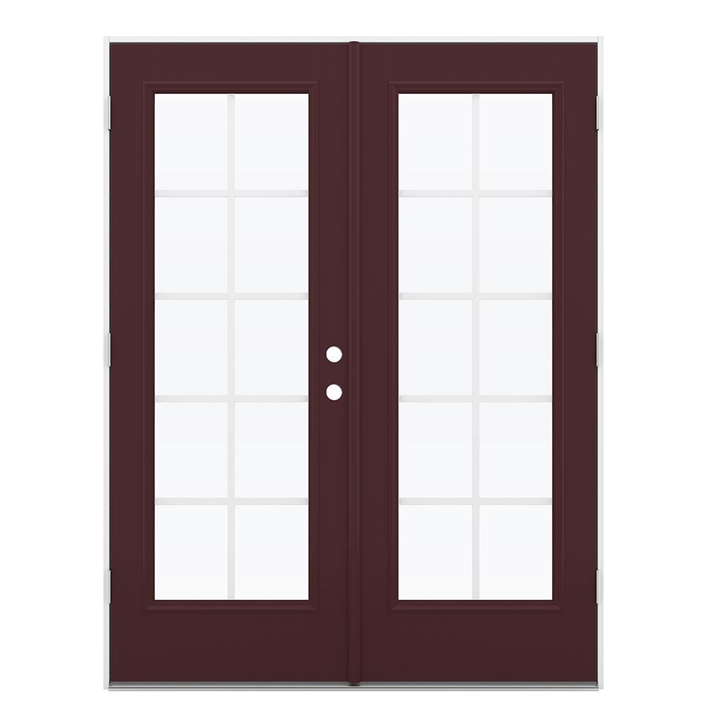 JELD-WEN 60-in x 80-in x 4-9/16-in Jamb Low-e Grilles Between The Glass Currant Fiberglass French Right-Hand Outswing Double Patio Door in Red -  LOWOLJW182300196