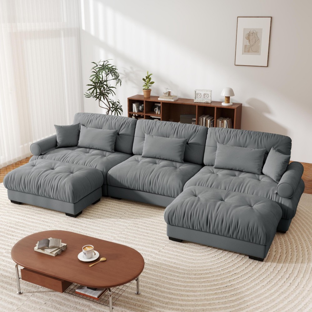Homy Casa BLASTAR-GY BLASTAR 130 in. Velvet 3-Seater Sectional Sofa with Round Bolster Arms and Modular Ottoman in Charcoal Gray