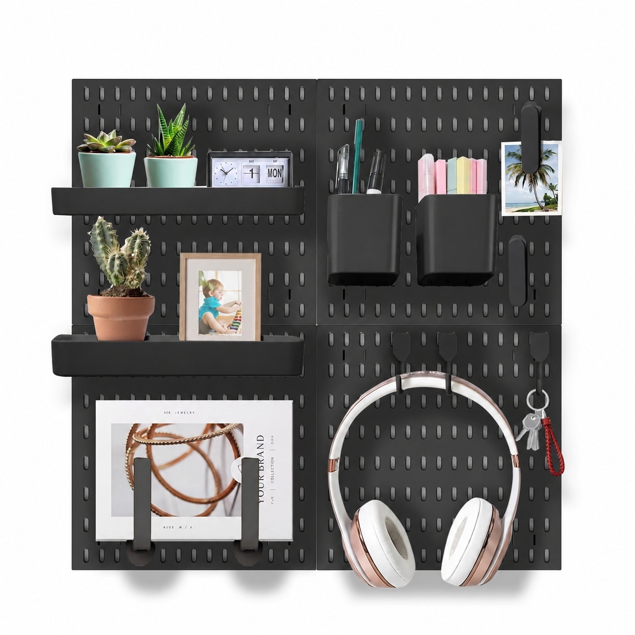 Vrbgify  Pegboard Wall Organizer Kit Black Set for Gaming Office Kitchen Includes Hooks Shelves Photo Clips Easy Installation Durable Plastic