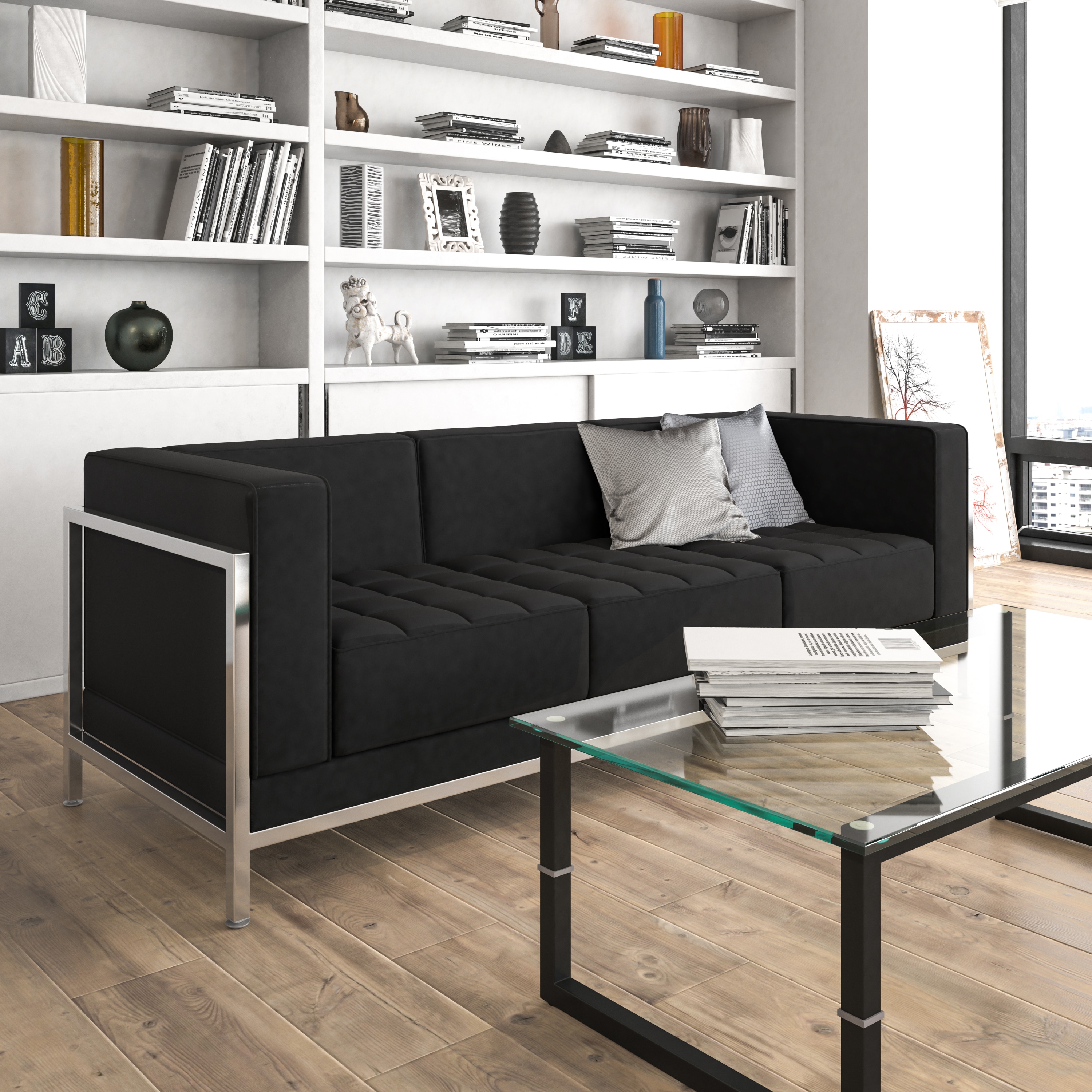 Modern Black Leather Tufted Reception Sofa with Metal Frame