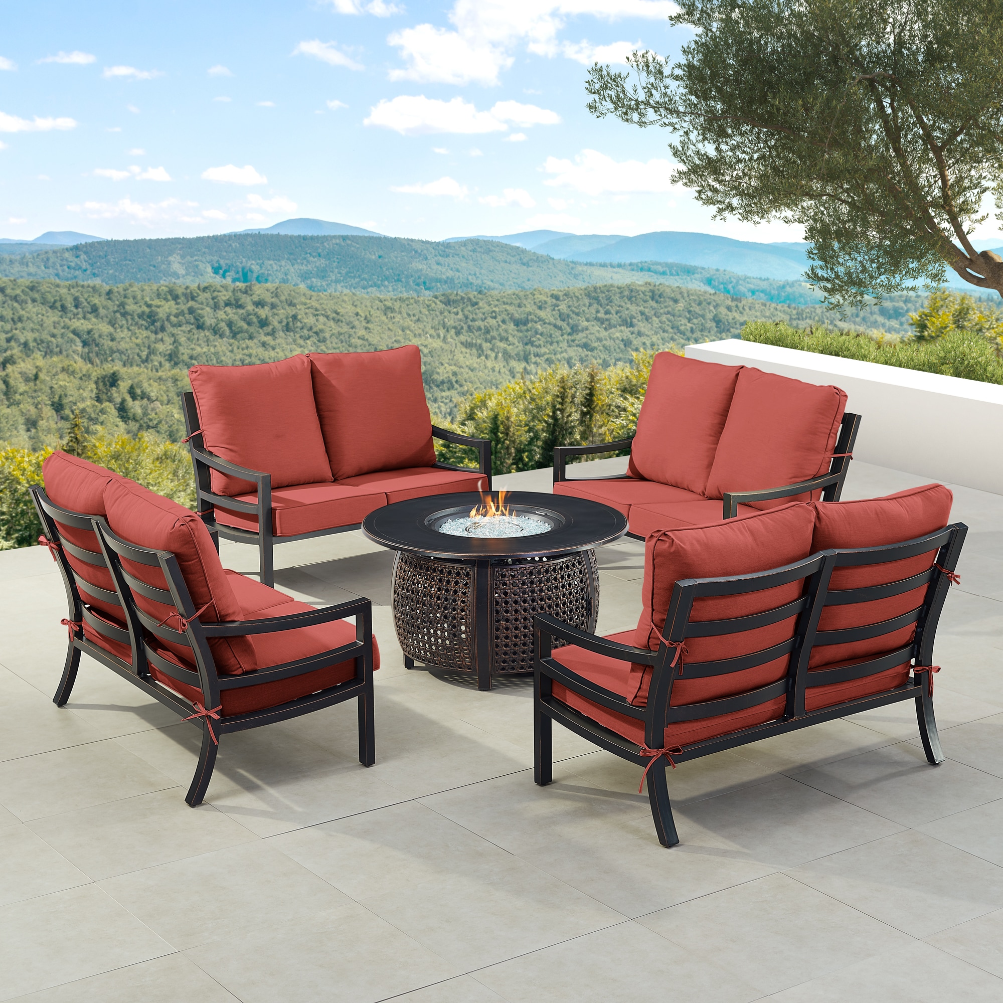 Oakland Living HUDSON4LSCLIFFRDCU Fire Pit Table Set, Four Loveseats, Wind Guard and Ice Bucket 23 -Piece Patio Conversation Set with Red Cushions