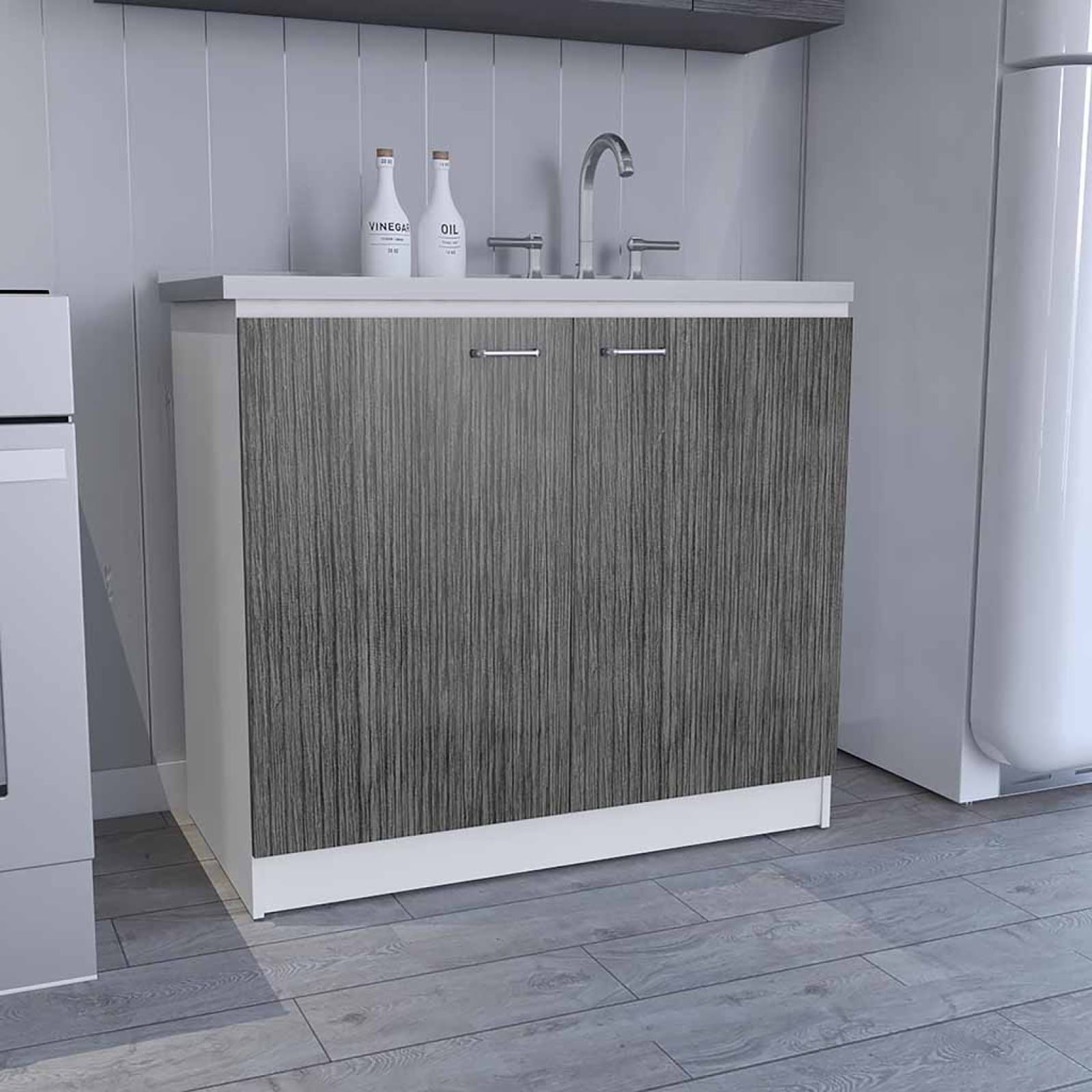CHITA Modern Stainless Steel Utility Sink Cabinet with 2 Doors 1 Shelf Integrated Sink for Kitchen and Pantry Storage White And Oak