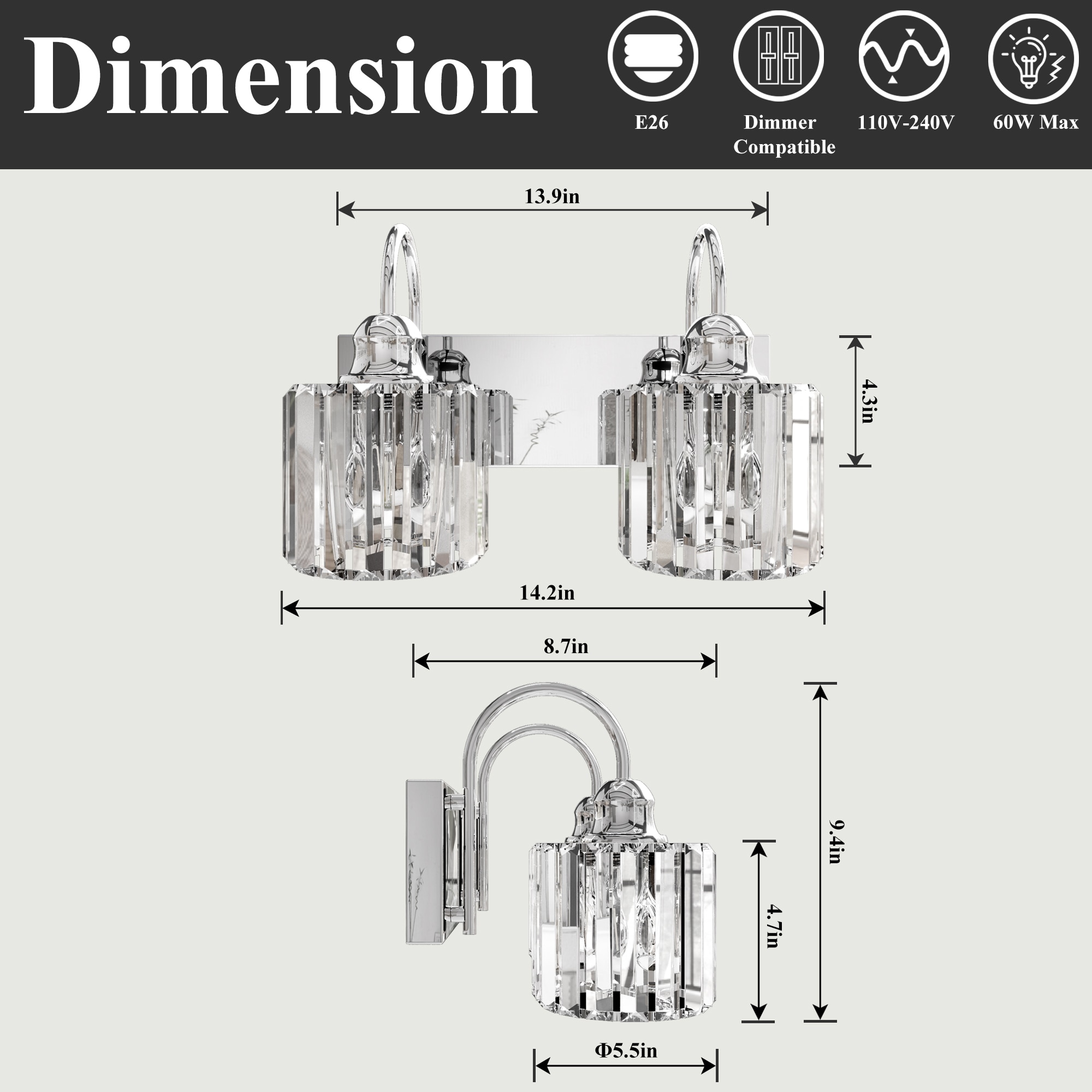 ExBrite 14.4-in 2-Light Polished Chrome Glam Vanity Light EXVL1213CX at ...