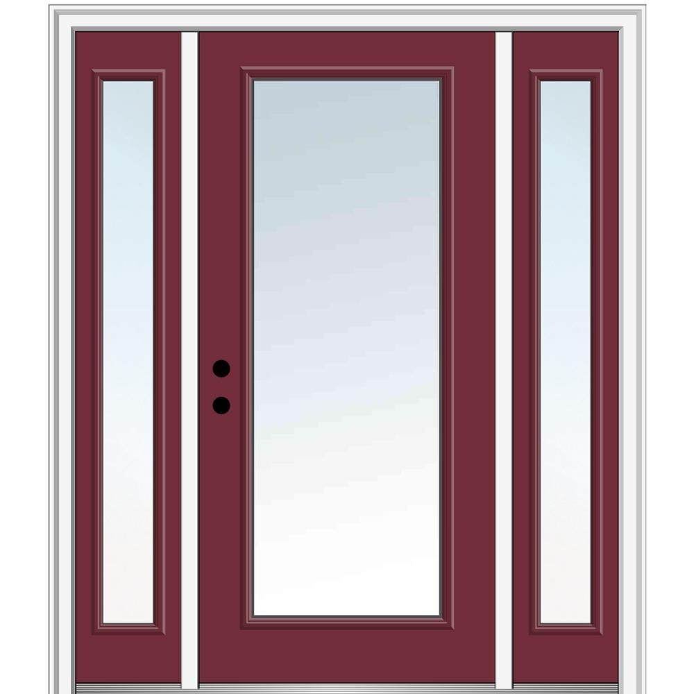 MMI DOOR ZZ04845R 60-in x 80-in x 4-9/16-in Fiberglass Full lite Right-hand inswing Burgundy Painted Prehung Front Door with Sidelights with Brickmould Insulating core