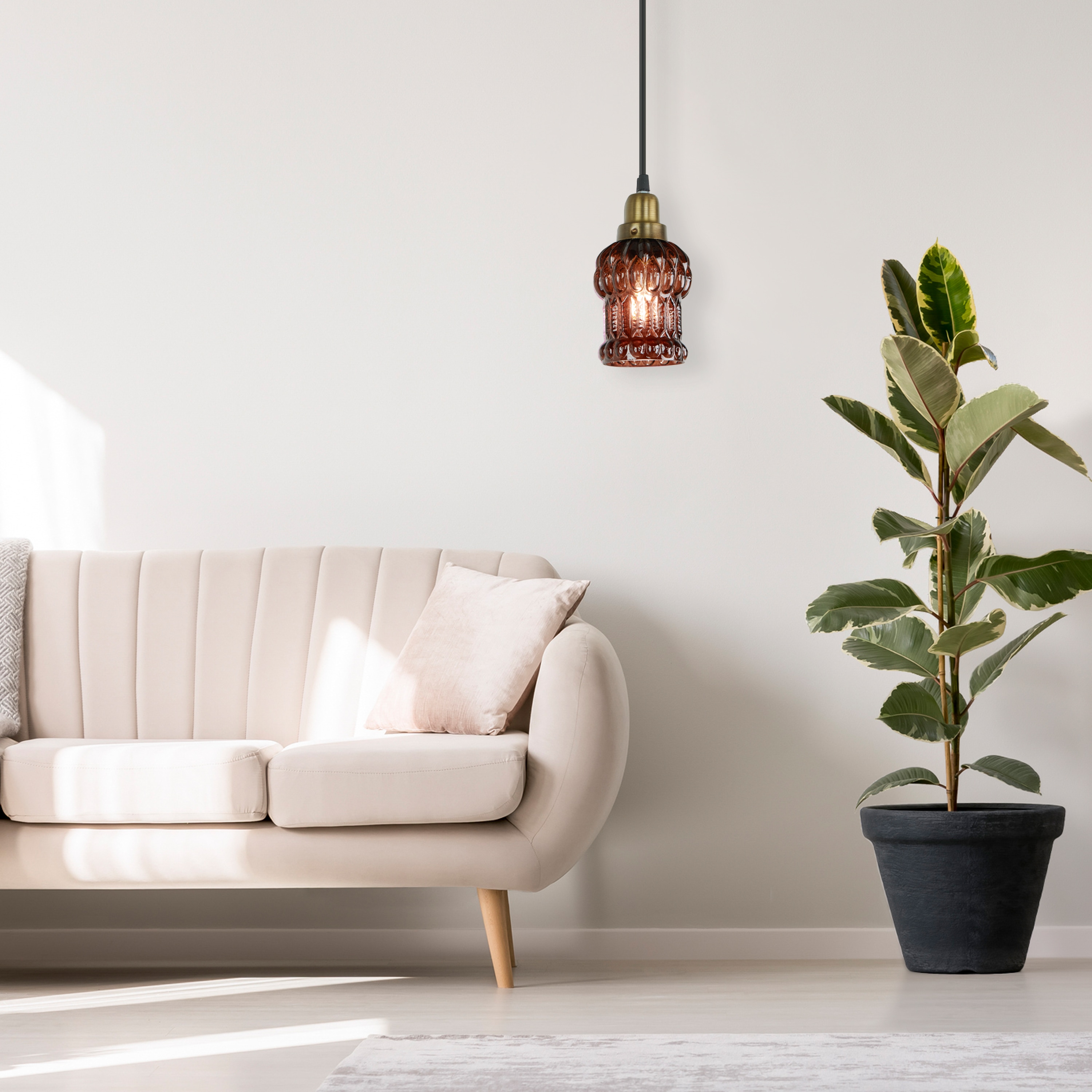 Brown Textured Glass and Gold Metal Pendant Light