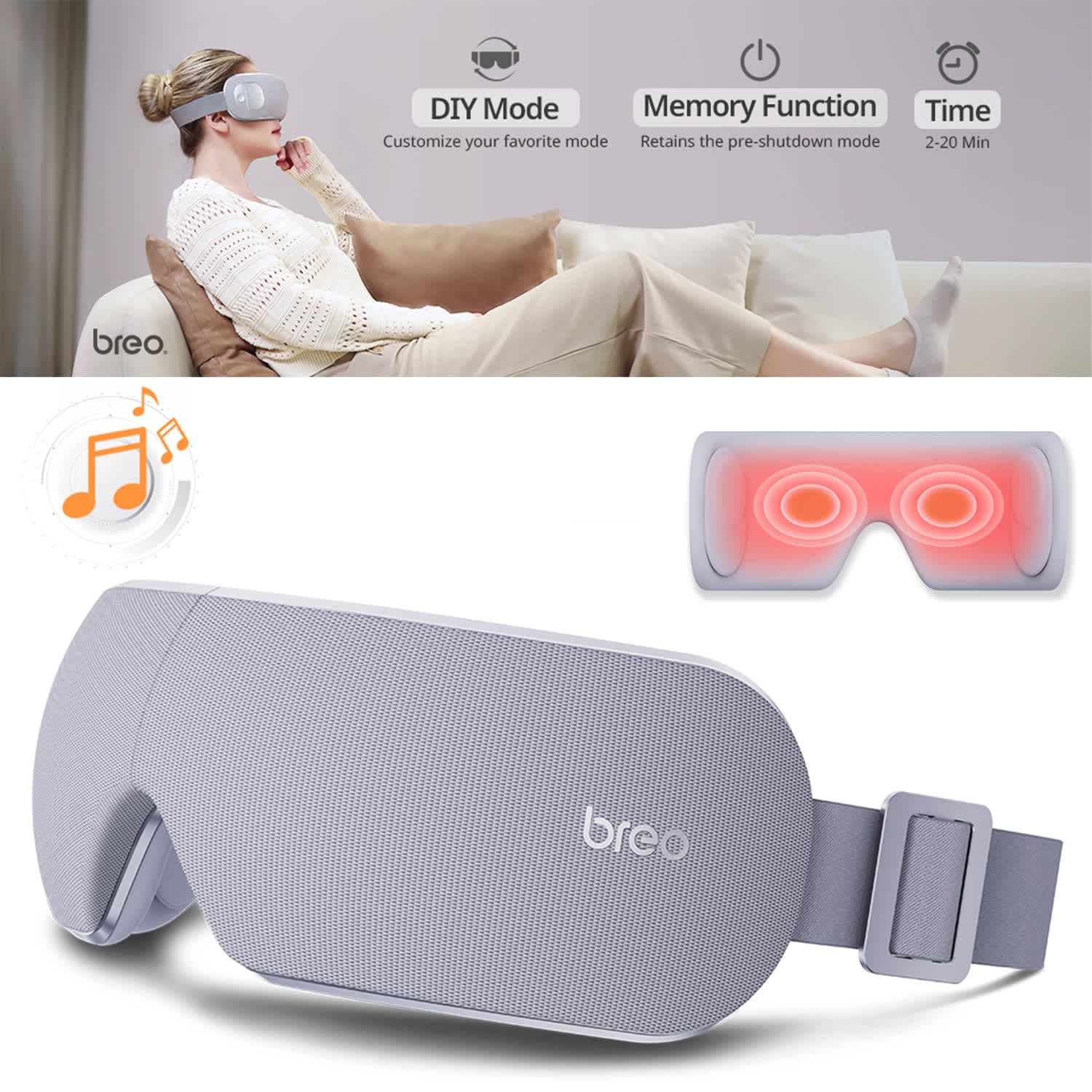 Breo Eye Massager with Heat and 7 Massage Modes Smart Sleep Mask for Relaxation and Strain Relief