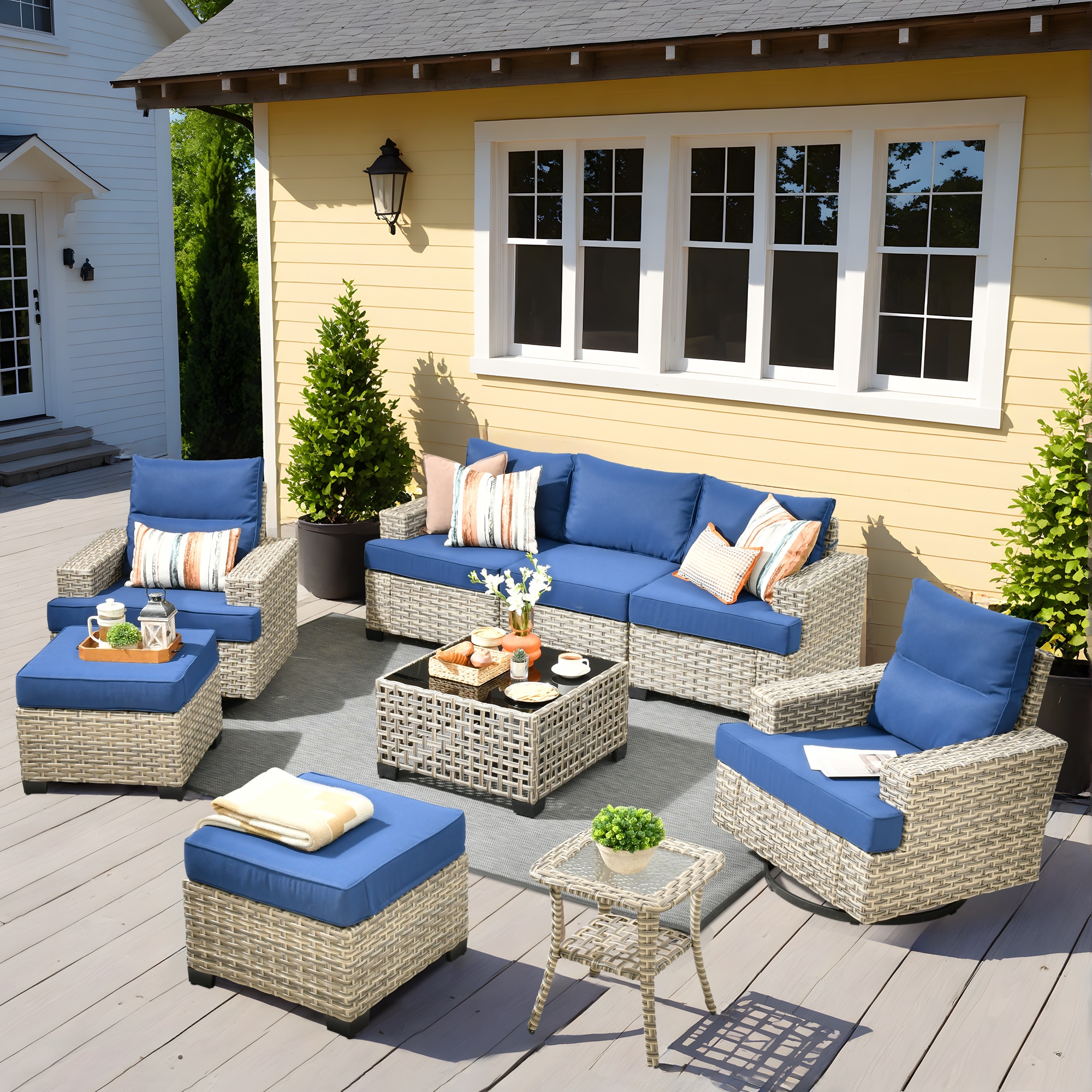 Pouuin STYZBS707 7 -Piece Wicker Patio Sofa Conversation Set with Navy Cushions