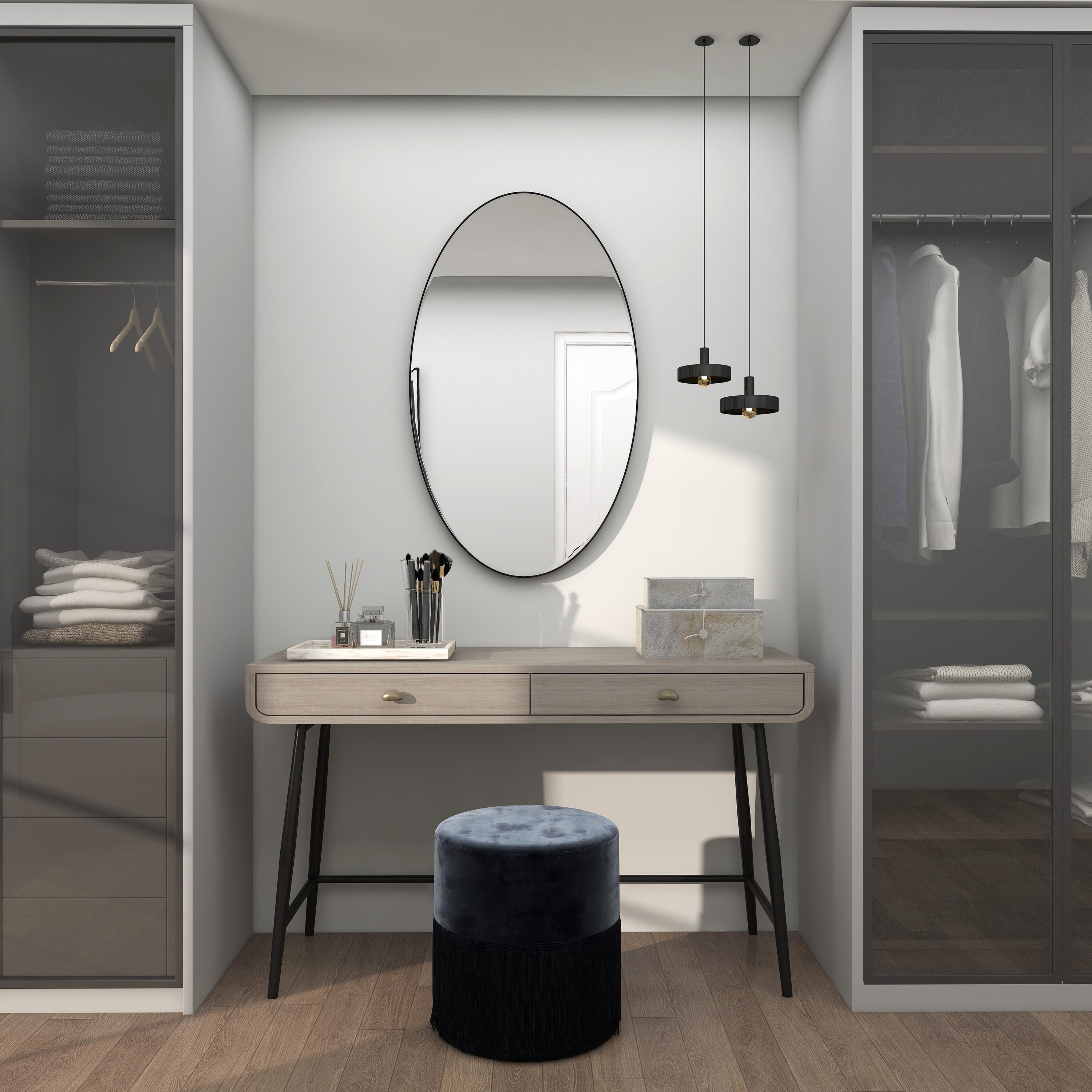 Modern Oval Black and Silver Wood Framed Dresser Mirror