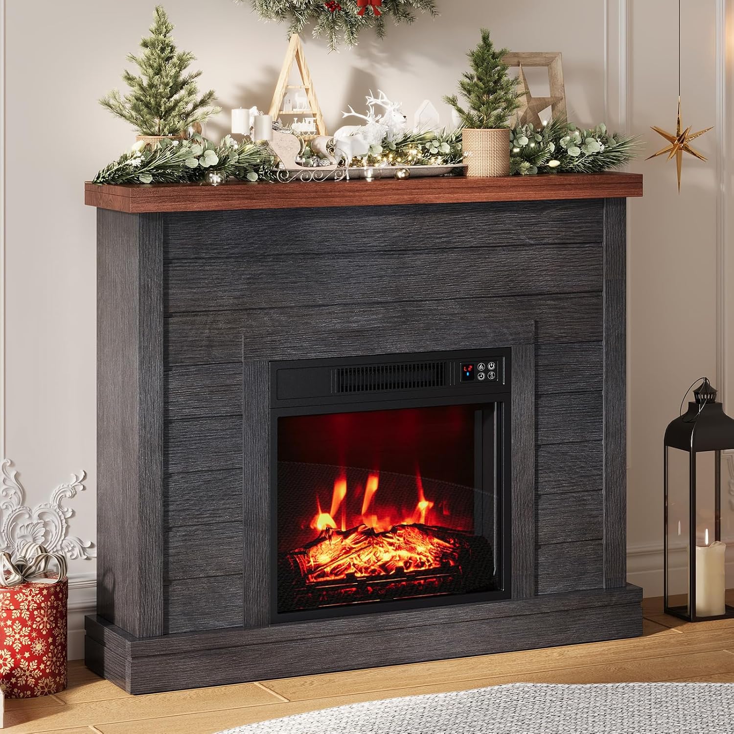 IdealHouse 38in Freestanding Electric Fireplace with Mantel TV Stand Includes 18 in Electric Fireplace Insert with Adjustable Flame Temperature and Remote Control for Bedroom Living Room Black