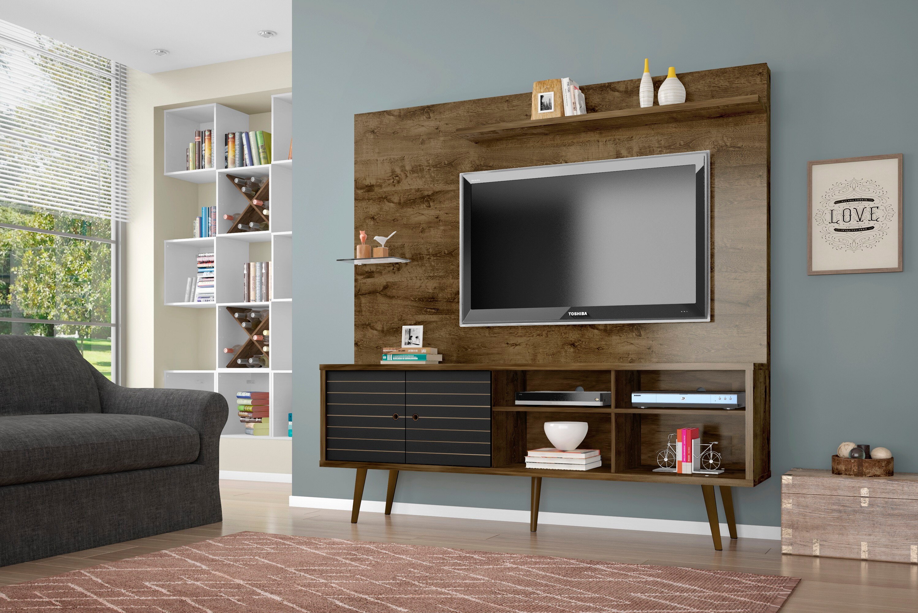 Manhattan Comfort 214BMC98 Liberty Modern/Contemporary Rustic Brown and Matte Black TV stand Integrated TV Mount ( Accommodates TVs up to 55-in )
