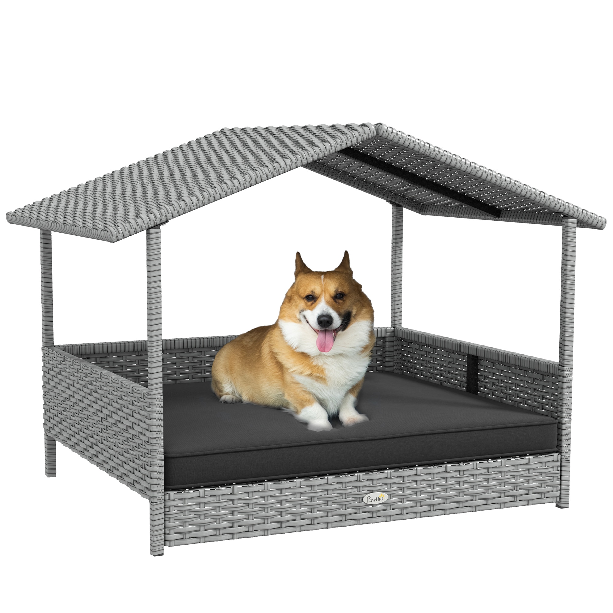 Tatayosi P-DJ-90117 Gray Rattan Dog Bed with Canopy and Cushion for Small and Medium Dogs