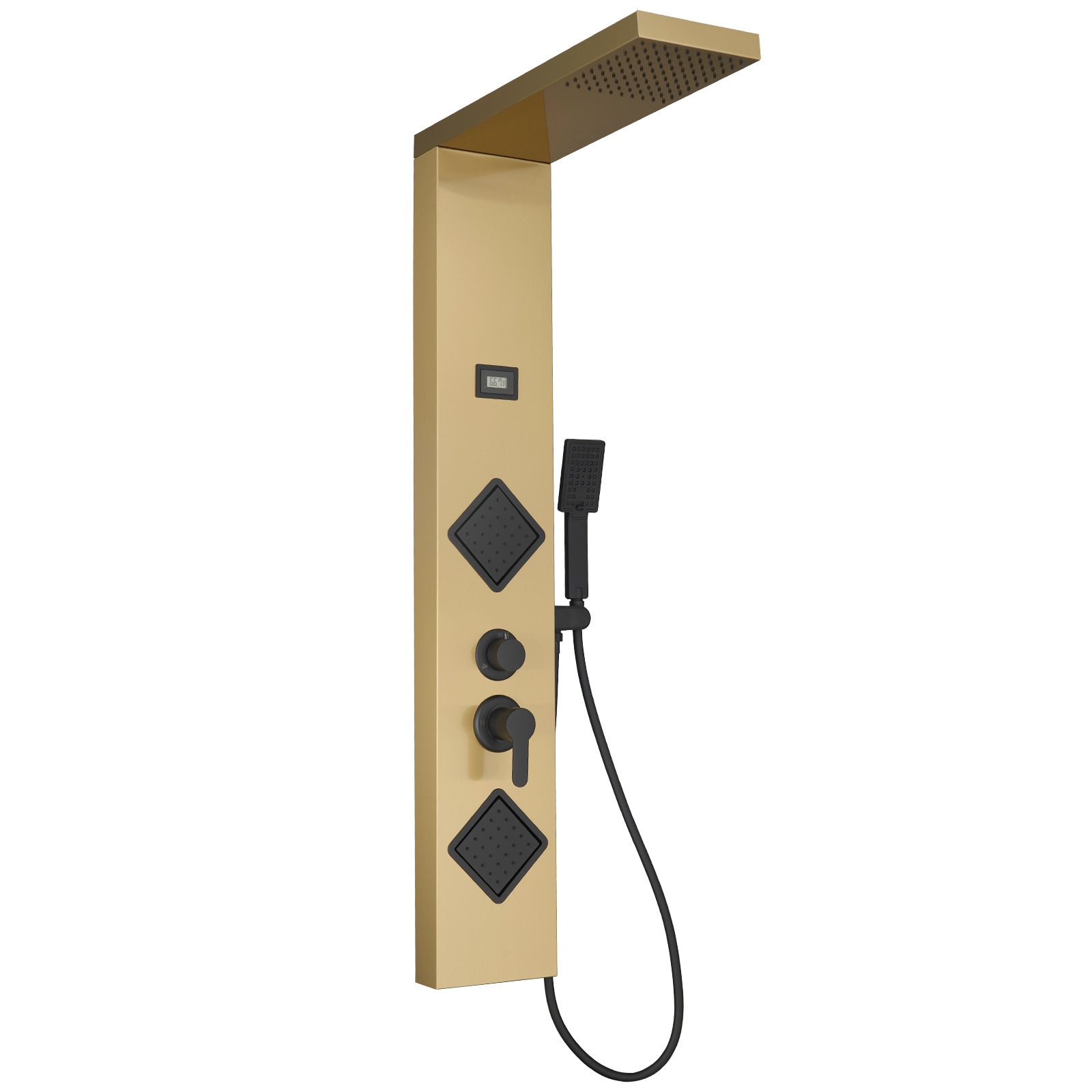 BWE YTP05-BGK Onyx SPA All-in-One Black and Gold 20-in Dual Head Shower Tower System with 3-way Diverter ( Ceramic Disc Valve Included )