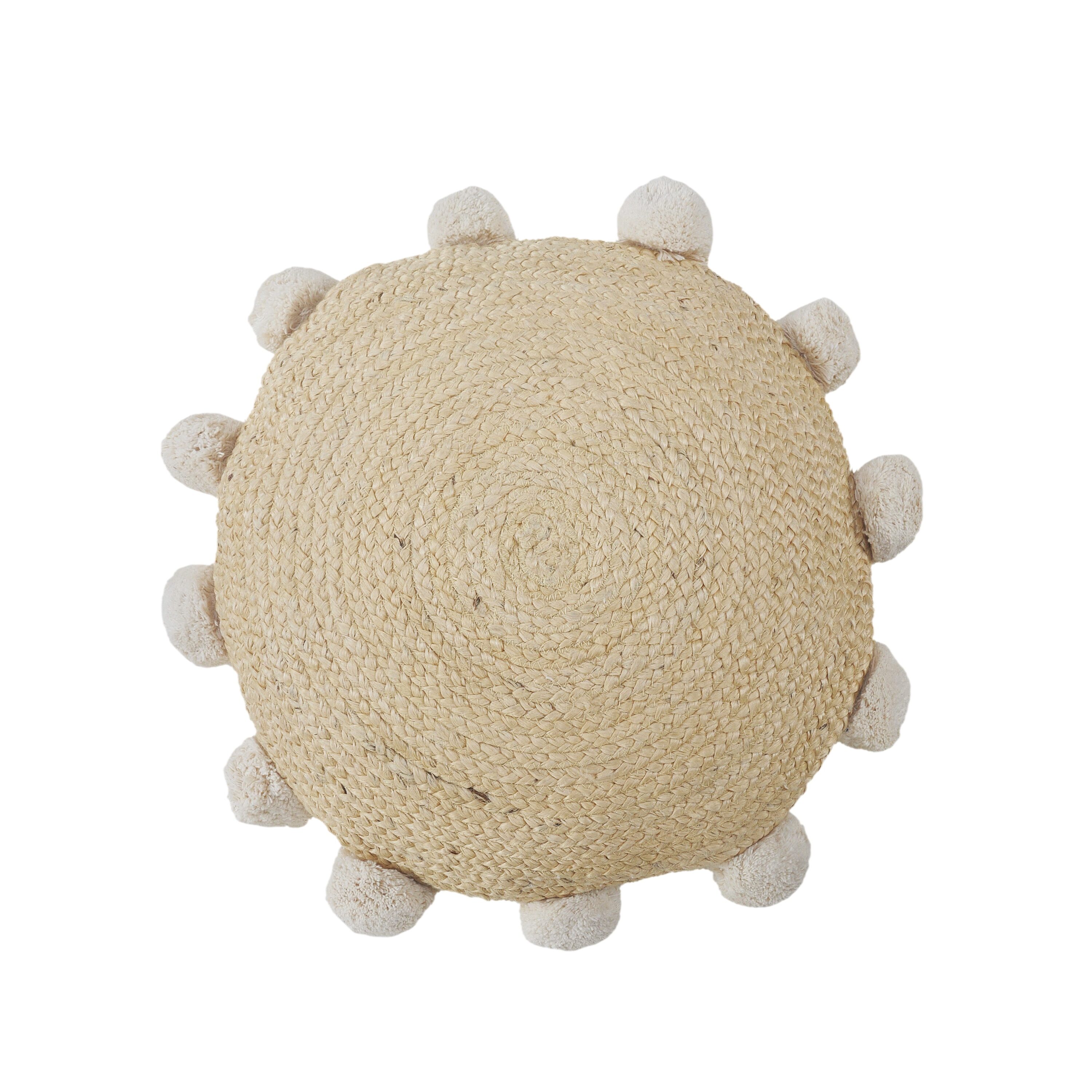 Round Natural Jute Throw Pillow with Pom Pom Border