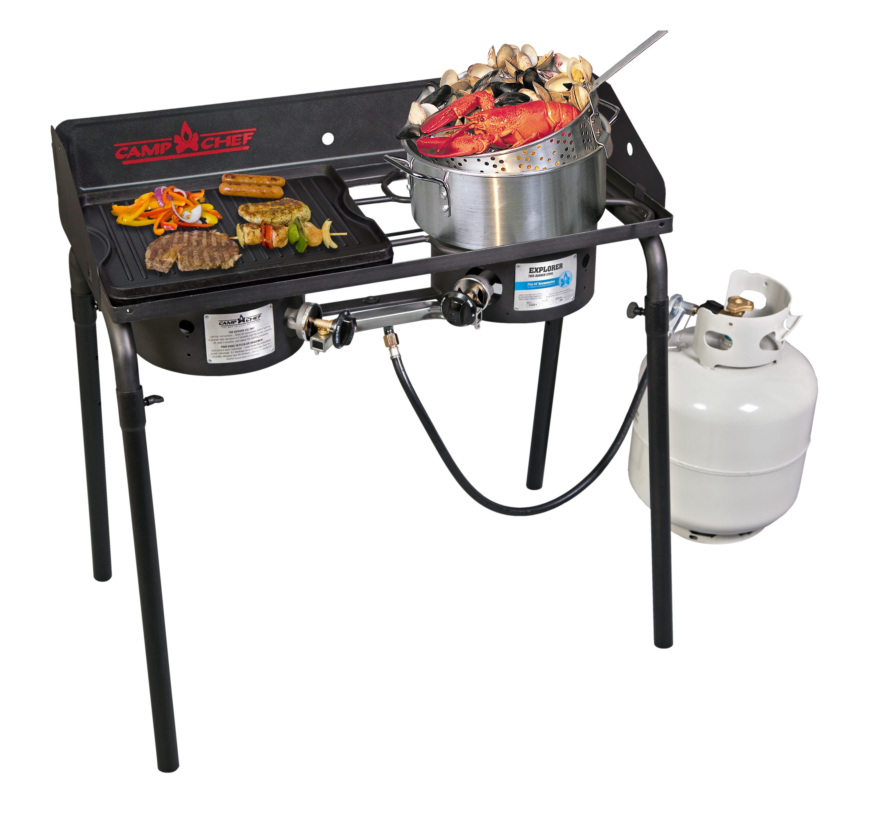 58,000 BTU Outdoor Camping Propane Double Burner Stove Cooking Station with  Drop-Down Side Tables