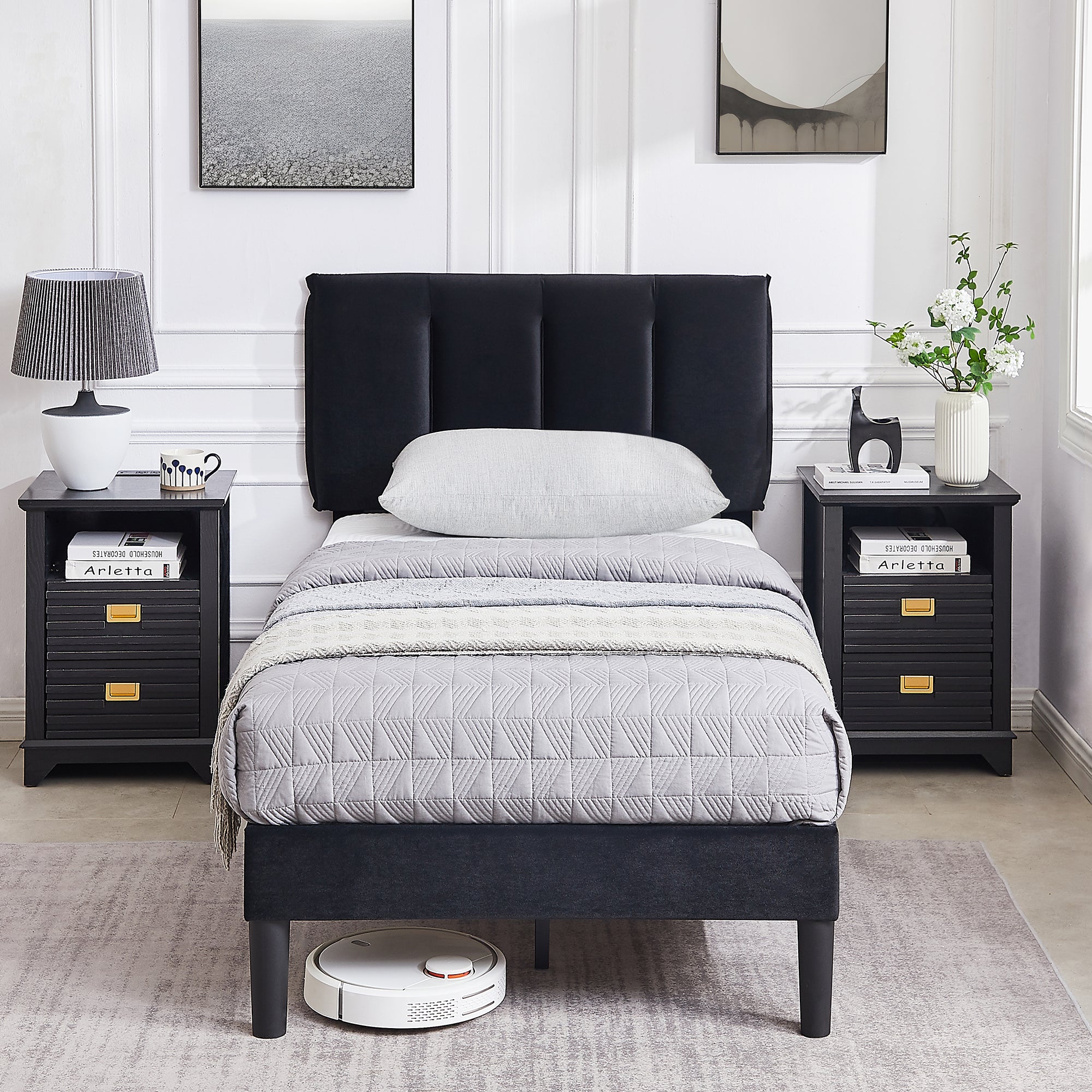 Vecelo LOE-CY-TB04-BLK Twin Bed Frame with Upholstered Adjustable Headboard Heavy Duty Platform Bed Frame with Strong Wooden Slats Support Black