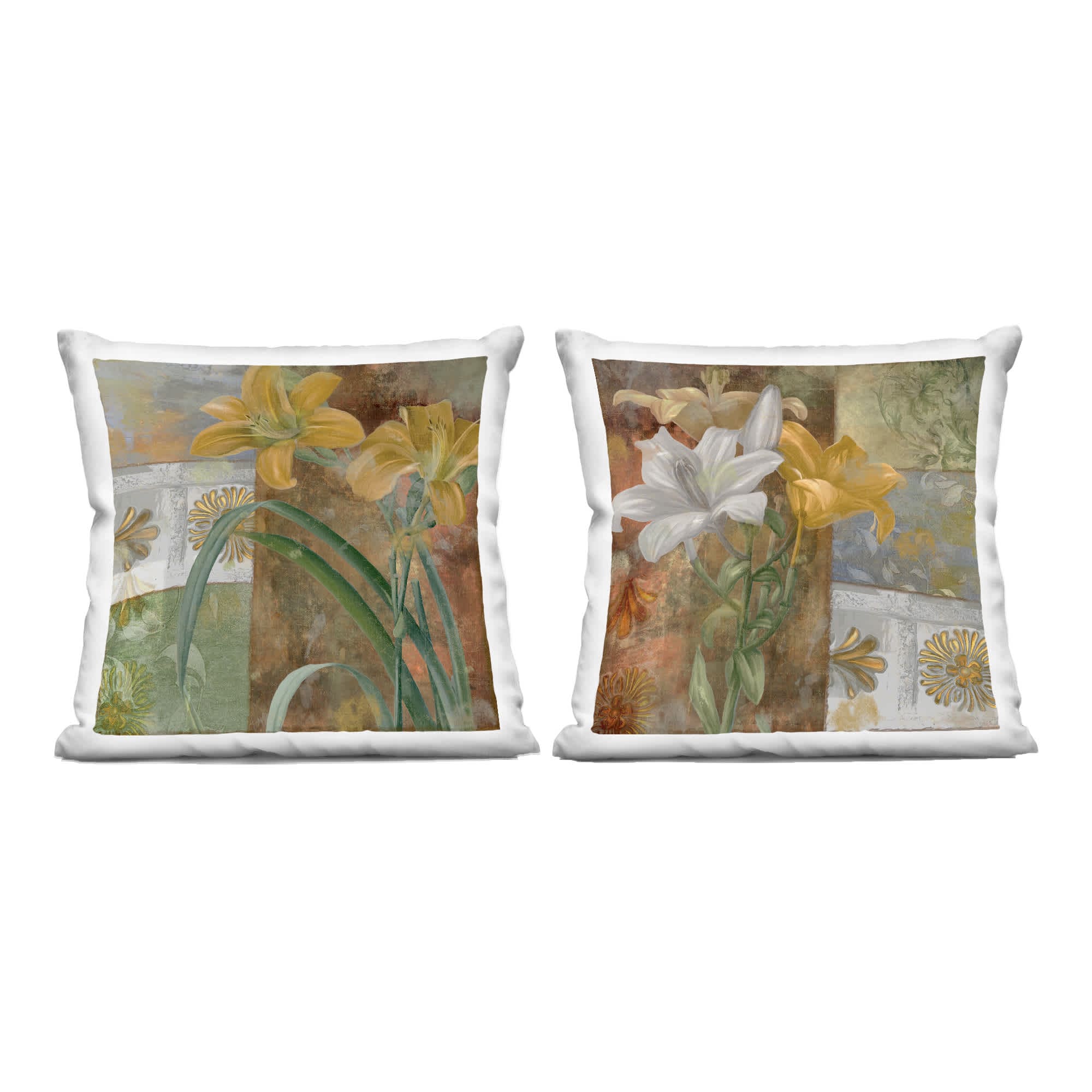 Stupell Industries PL2-892-SQW-2P-18X18 Lilies and Vintage Tile Patterns 2pc Decorative Printed Pillow Set Design by Sasha