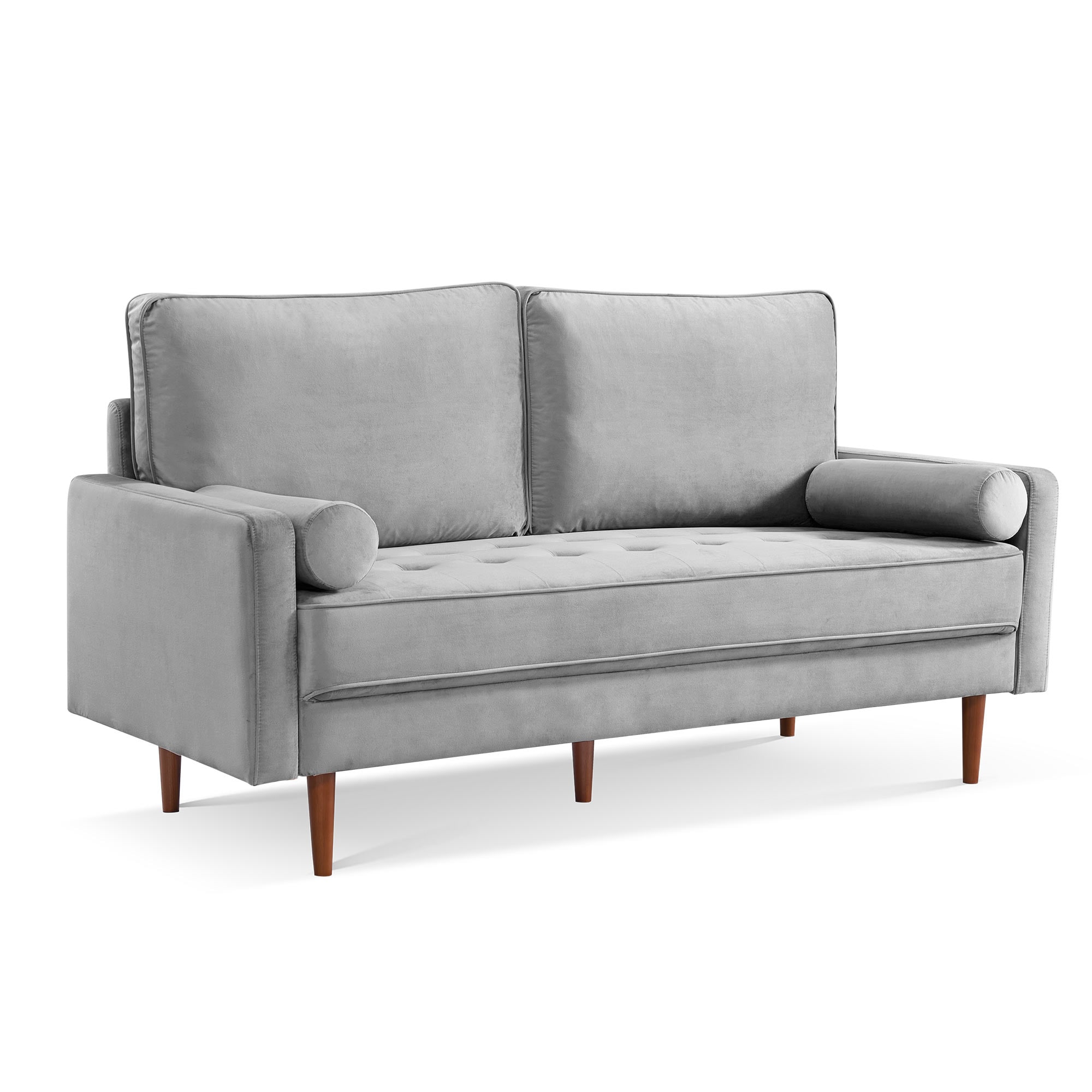 69 Inch Grey Velvet Sofa with Wood Legs and Bolster Pillows