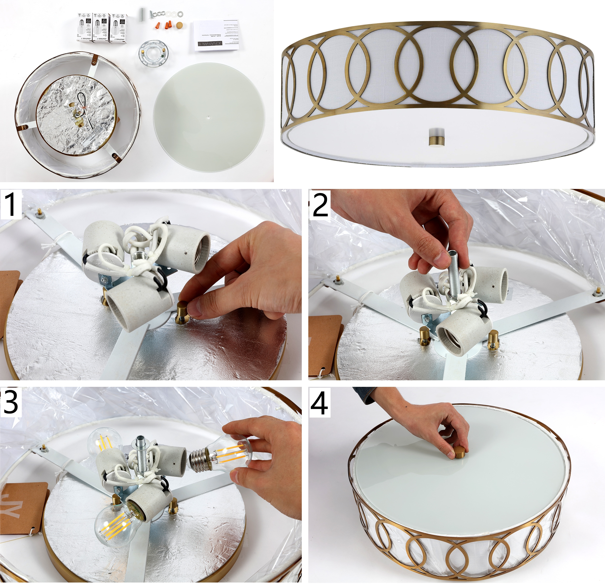 Aubrey Brass Gold 15.5" Drum LED Flush Mount with Linen Shade