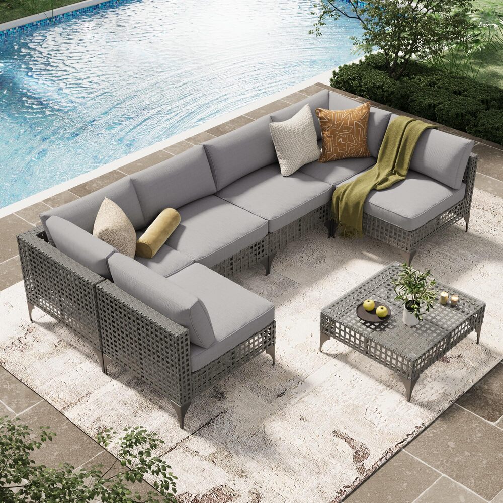 Mondawe OR-SH-026AAA-TM Wicker Outdoor Sectional with Gray Cushions and Steel Frame
