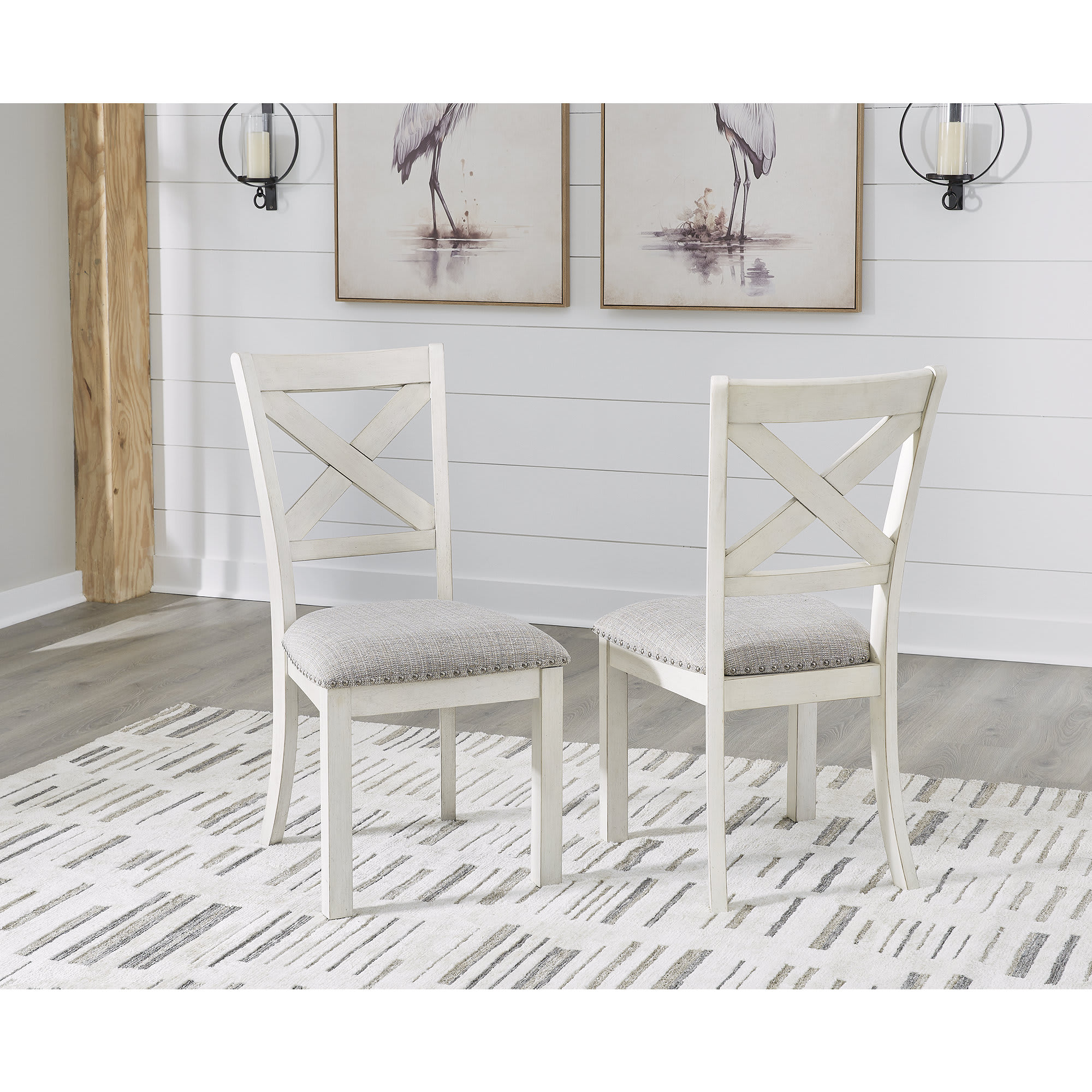Signature Design by Ashley D642-01 Robbinsdale Antique White X-Back Dining Chair with Light Gray Upholstery and Nailhead Trim