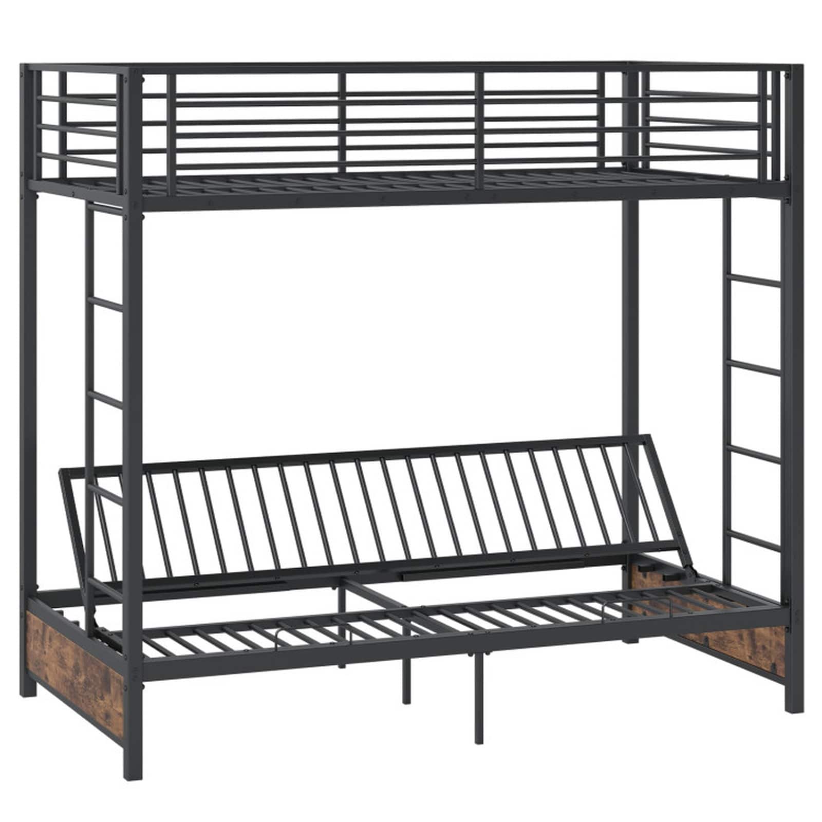 SUGIFT Twin Over Futon Metal Bunk Bed Frame with Headboard Footboard 2 Ladders and Full-Length Guardrails 485-lb Capacity - Rustic Brown