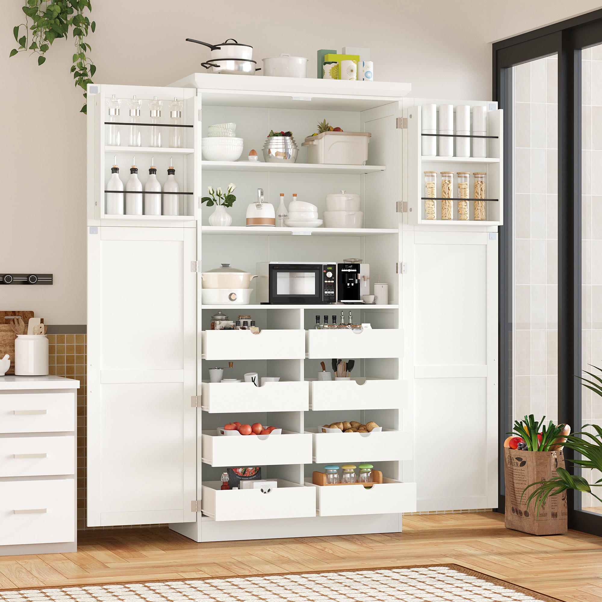 Dimakai Freestanding Kitchen Pantry Cabinet Tall Storage Cabinet with 4 Doors 8 Pull out Trays White