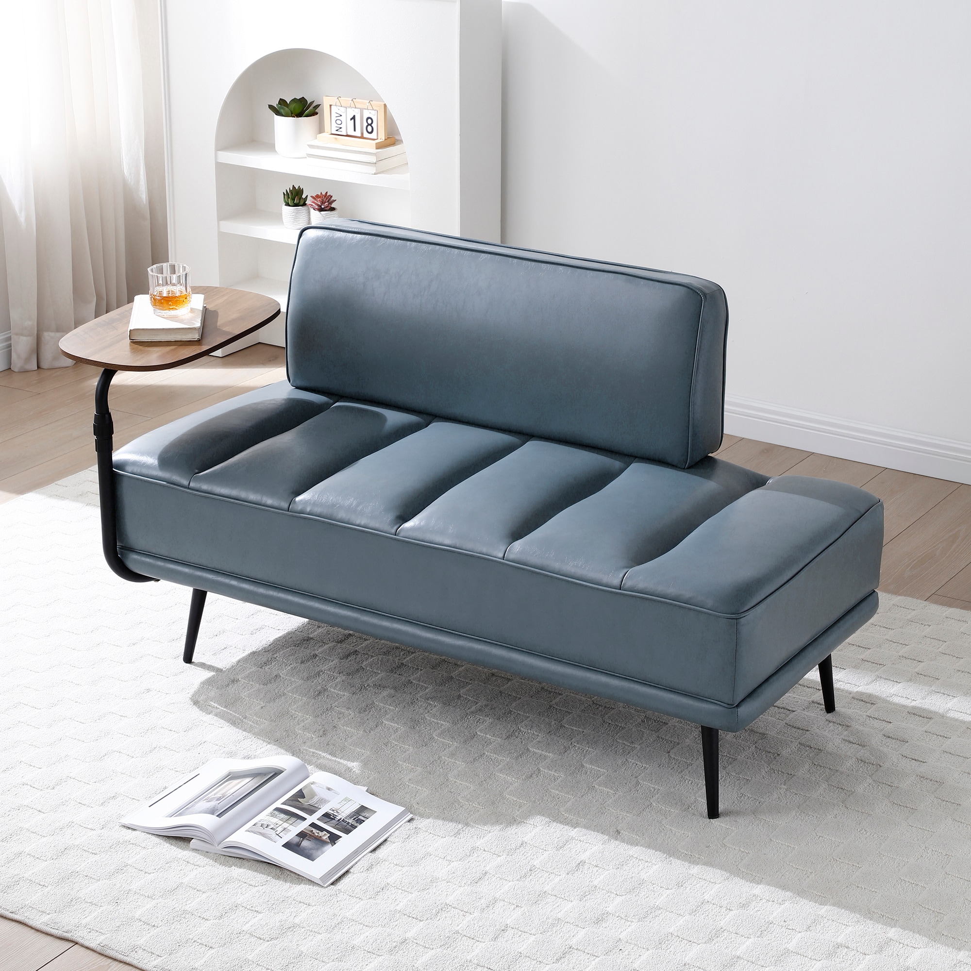 LOVMOR - 55inch Tufted Sofa Faux Leather Grey Couch with Ottoman for Living Room Bedroom Modern ...