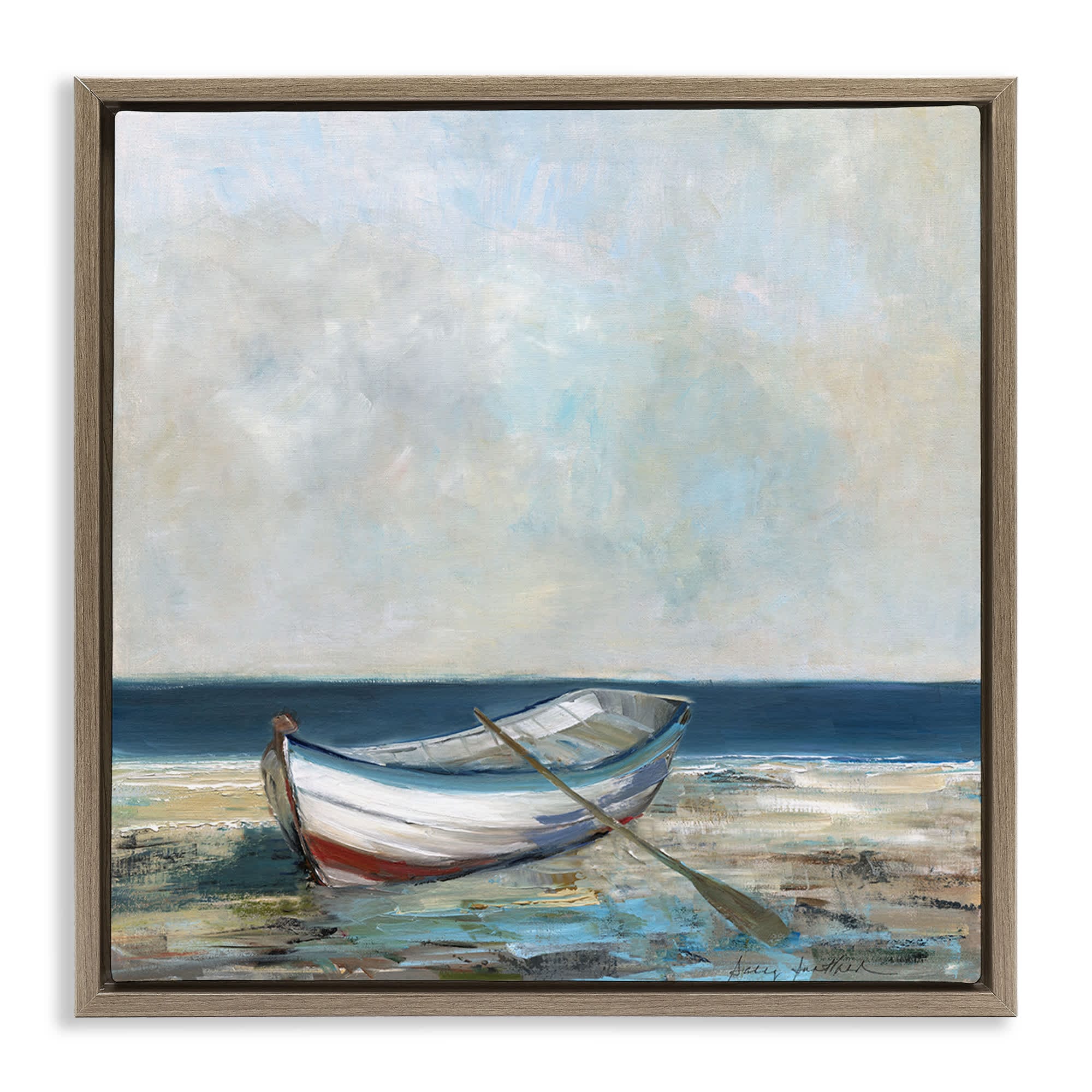 Stupell Industries BS-150-FFE-24X24 Boat and Oar on Shore Floating Frame design by Sally Swatland