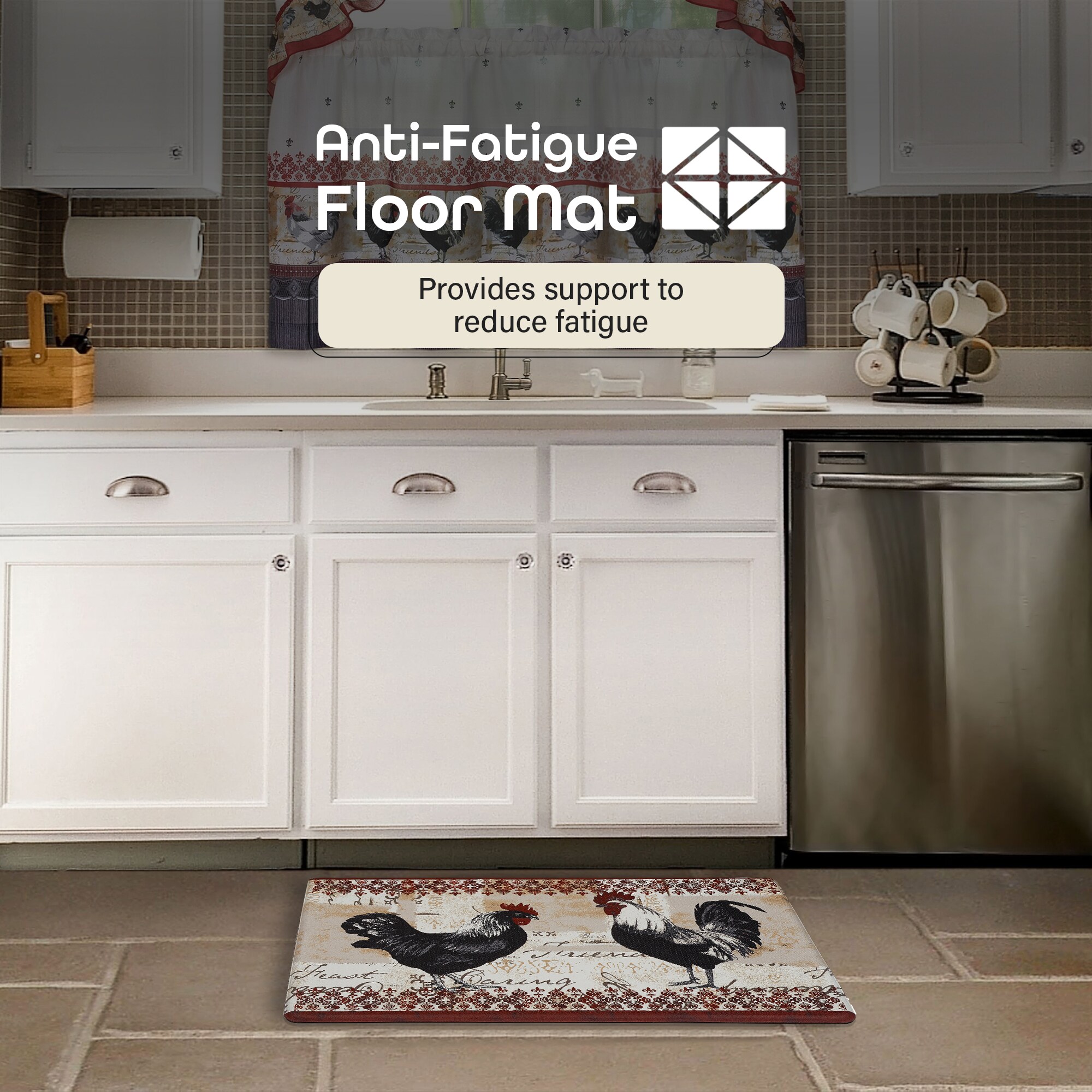 Rooster Design Beige and Brown Memory Foam Anti-Fatigue Kitchen Mat