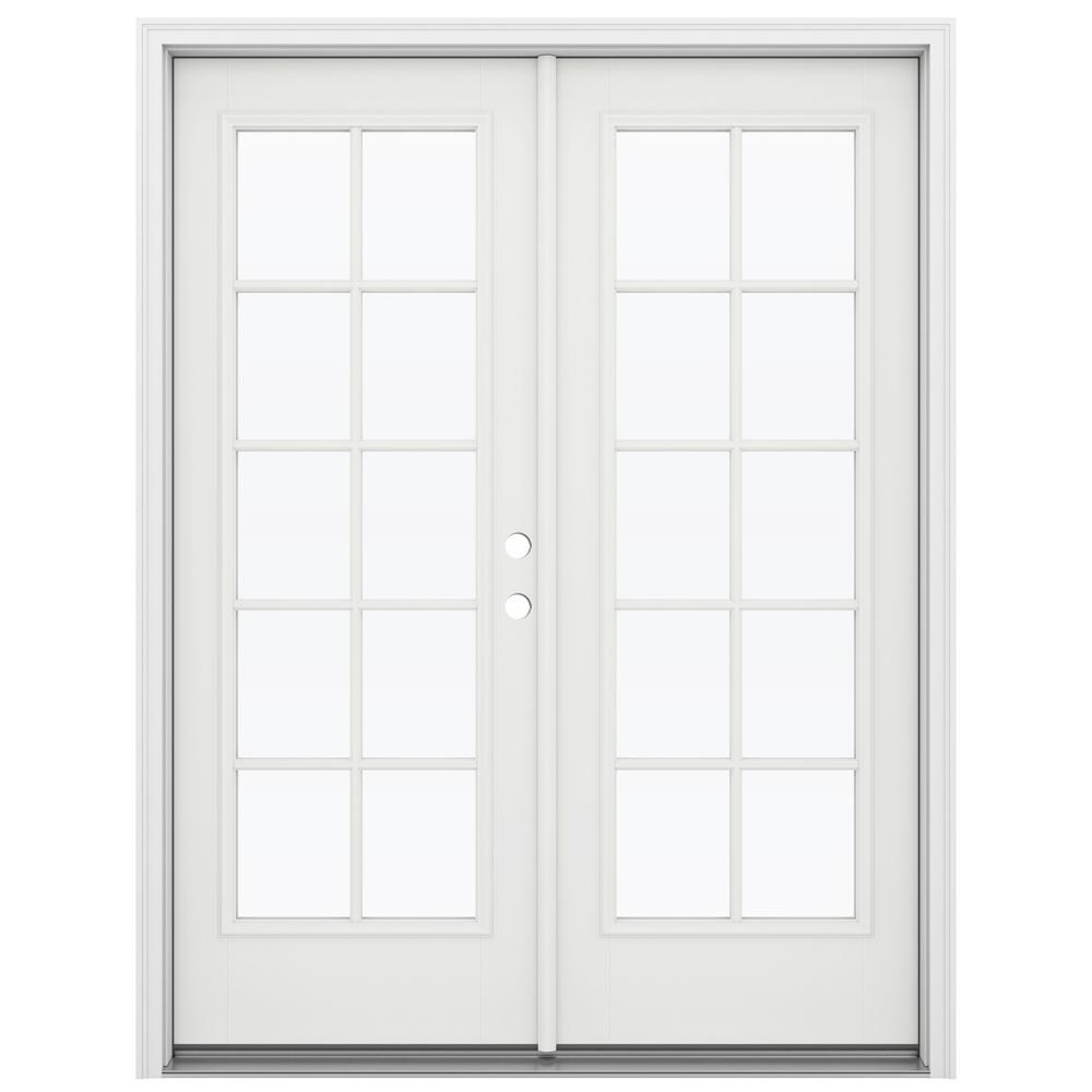 JELD-WEN 60-in x 80-in x 4-9/16-in Jamb Low-e External Grilles Modern White Fiberglass French Left-Hand Inswing Double Patio Door Brickmould Included -  LOWOLJW182300018