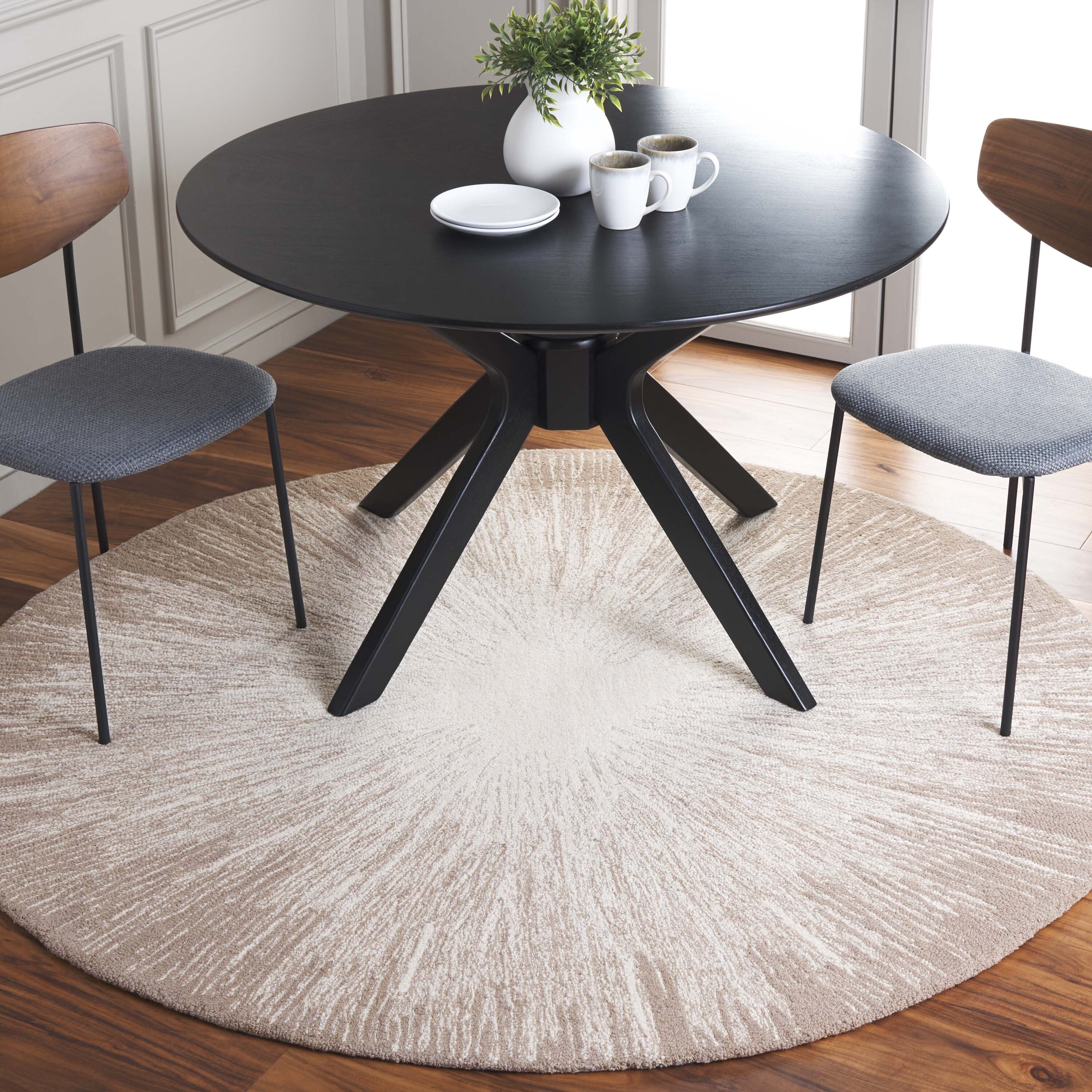  Abstract 375 Ivory/Dark Beig Contemporary 6ft x 6ft Round Rug